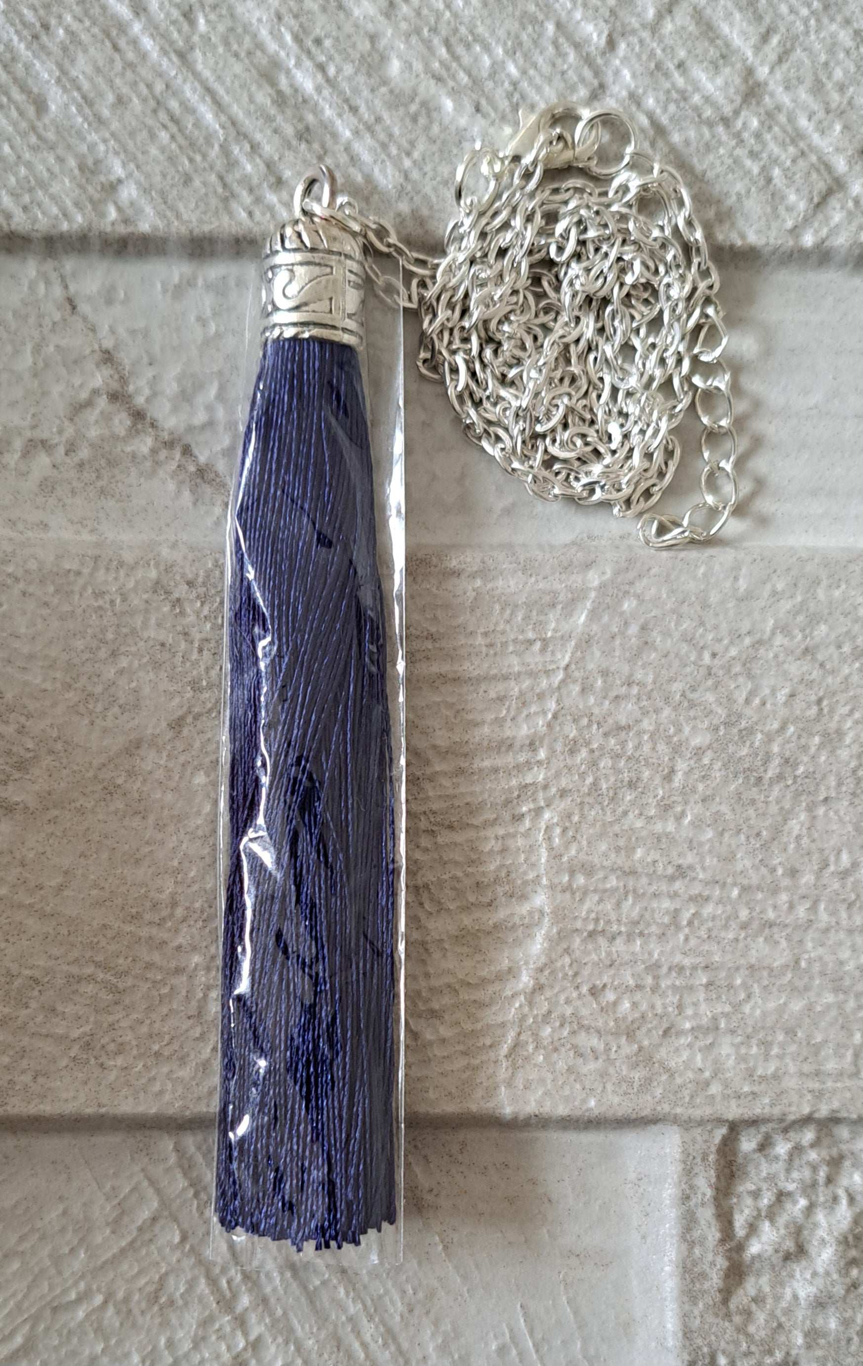 Navy Silver Silk Tassel Long Drop Necklace