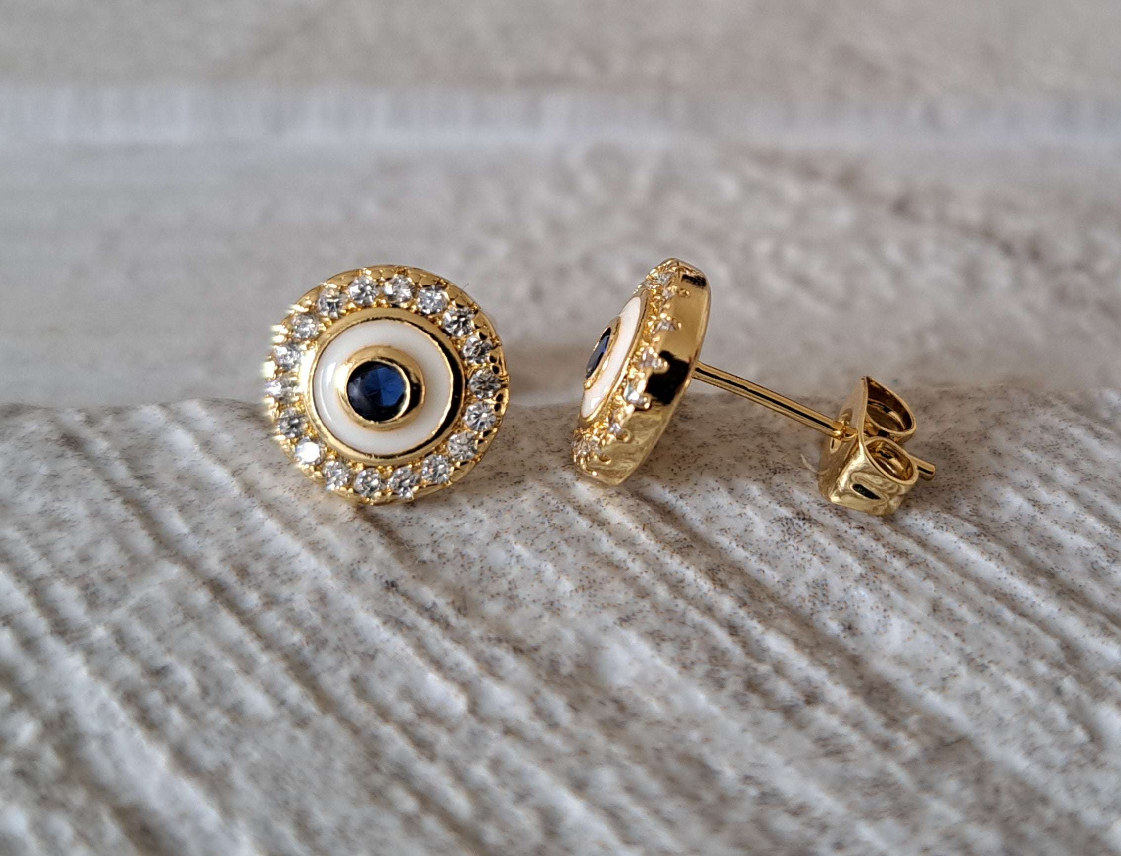 Gold Evil Eye 1cm Circle Swarovski Crystal Stud Earrings