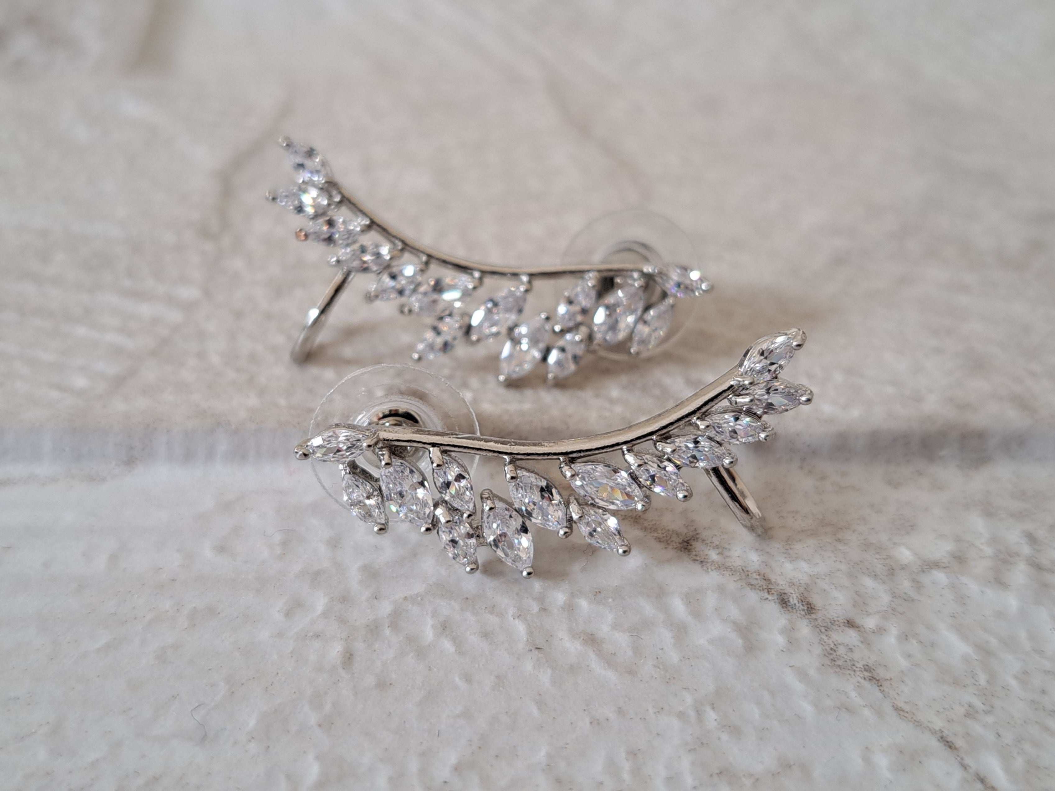 Silver Leaf Swarovski Crystal Wing Climber Earrings