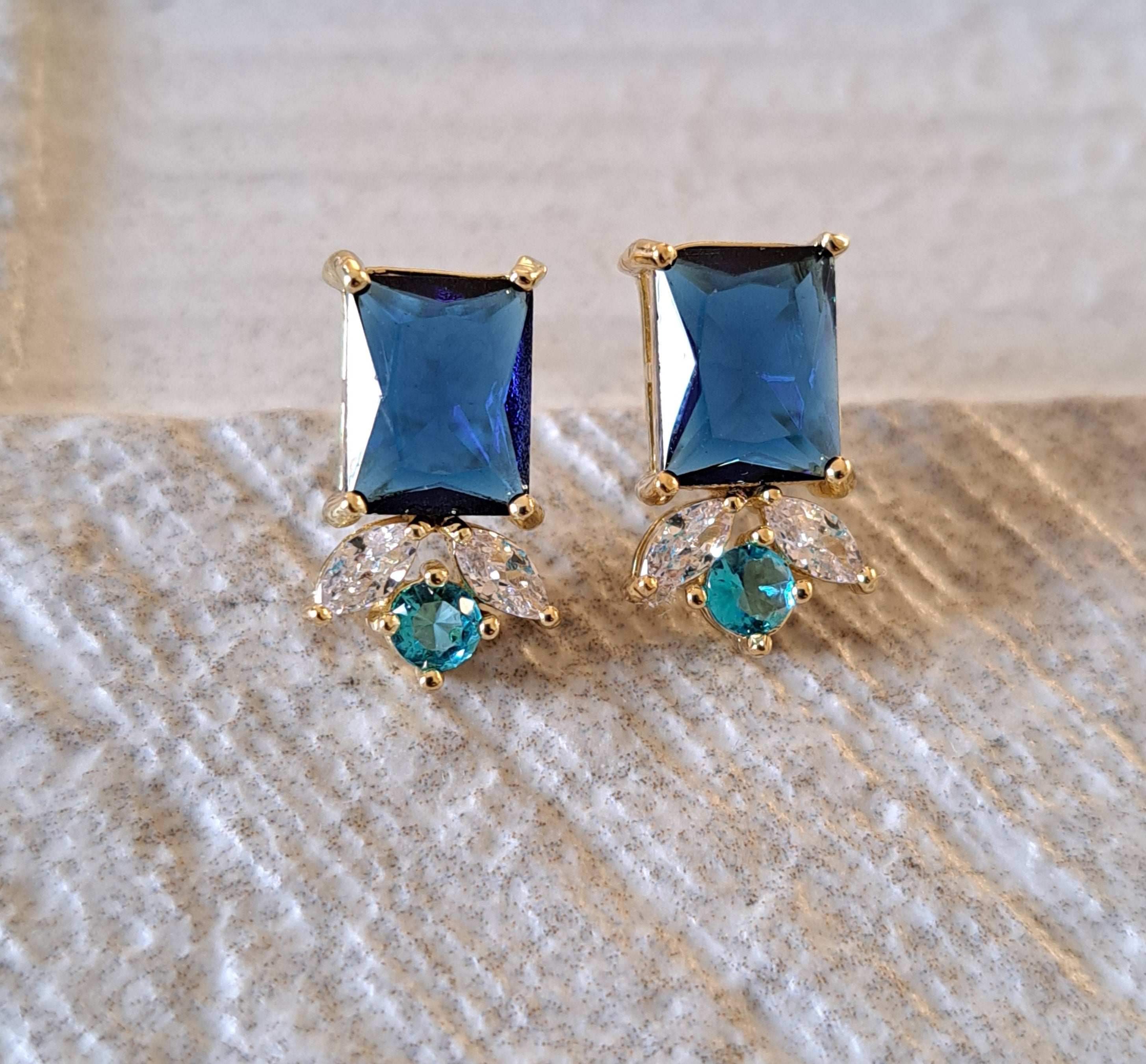 Gold Rectangle Aqua Blue Swarovski Crystal Earrings