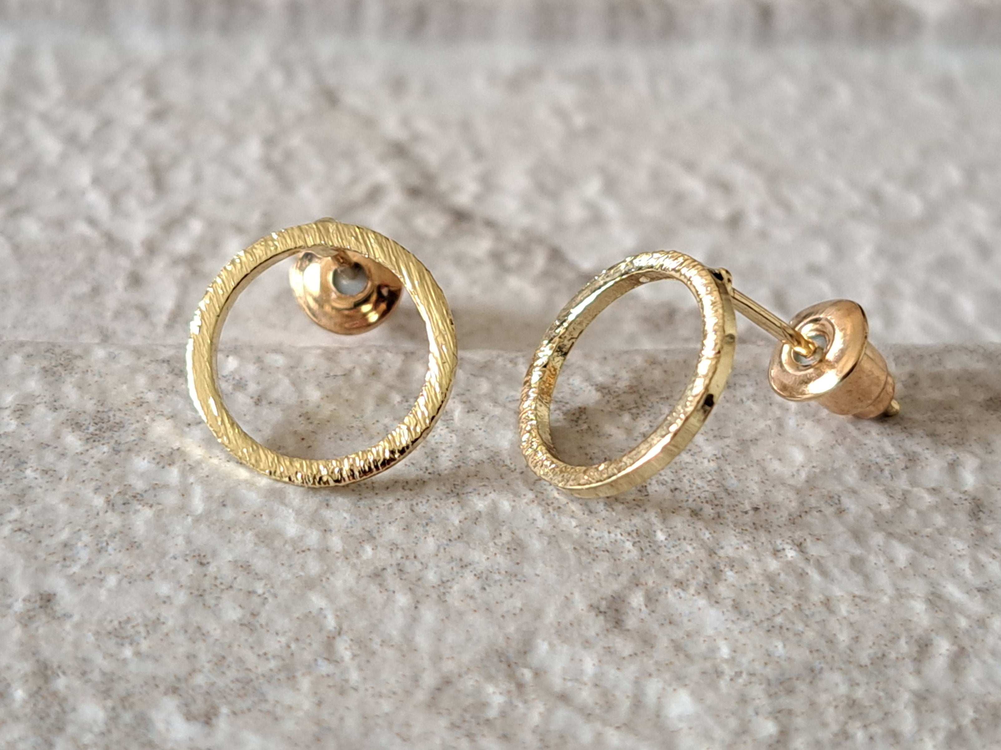 Gold Textured Hollow Circle Stud Earrings