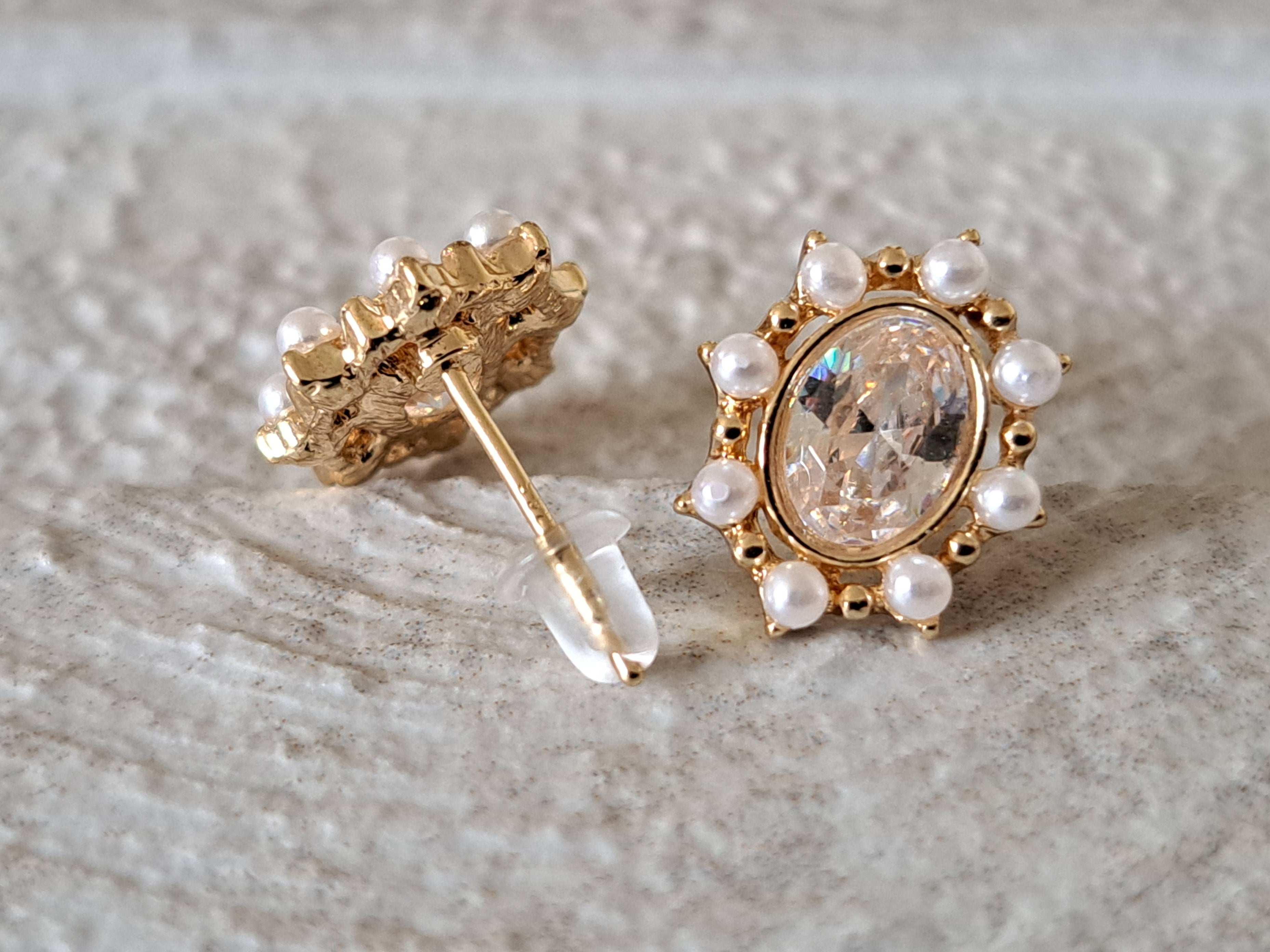 Gold Oval White Pearl Swarovski Crystal Earrings