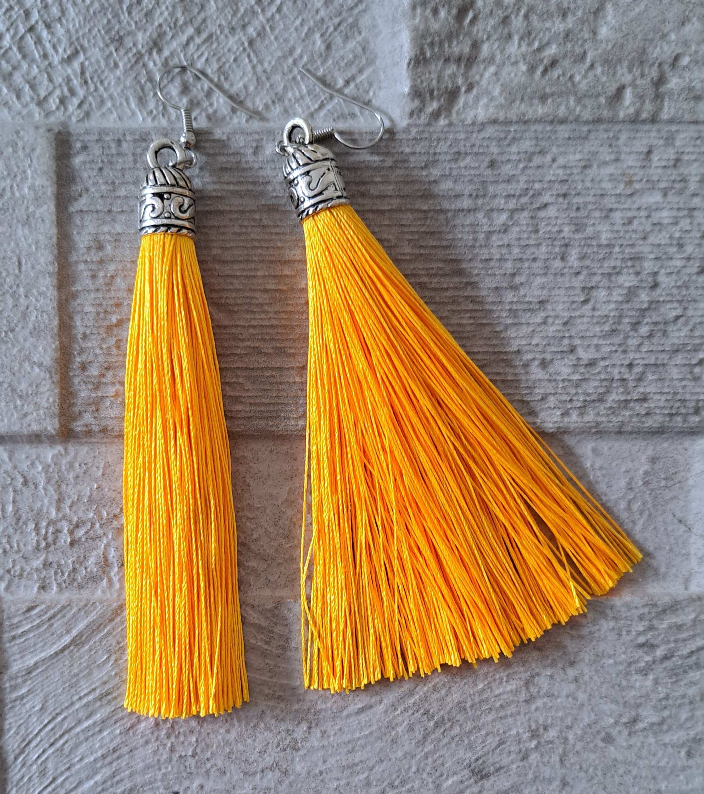 Yellow Silver Silk Tassel Long Drop Earrings