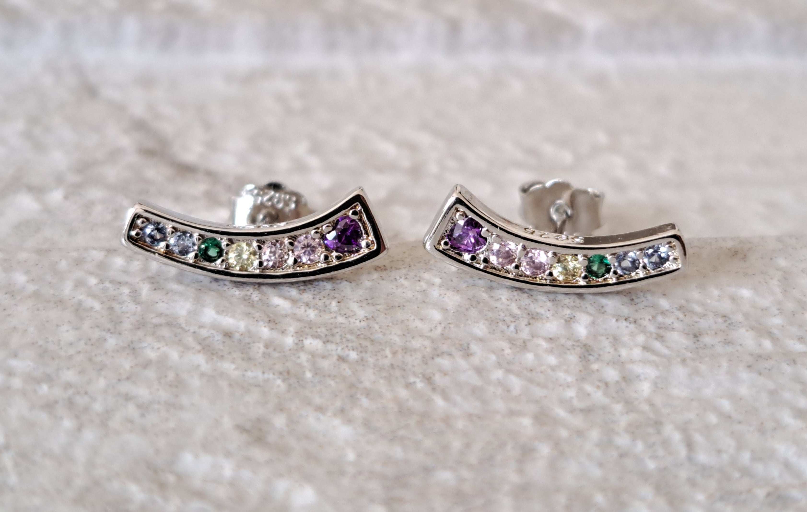Small Curve Silver Plated Swarovski Crystal Rainbow Earrings