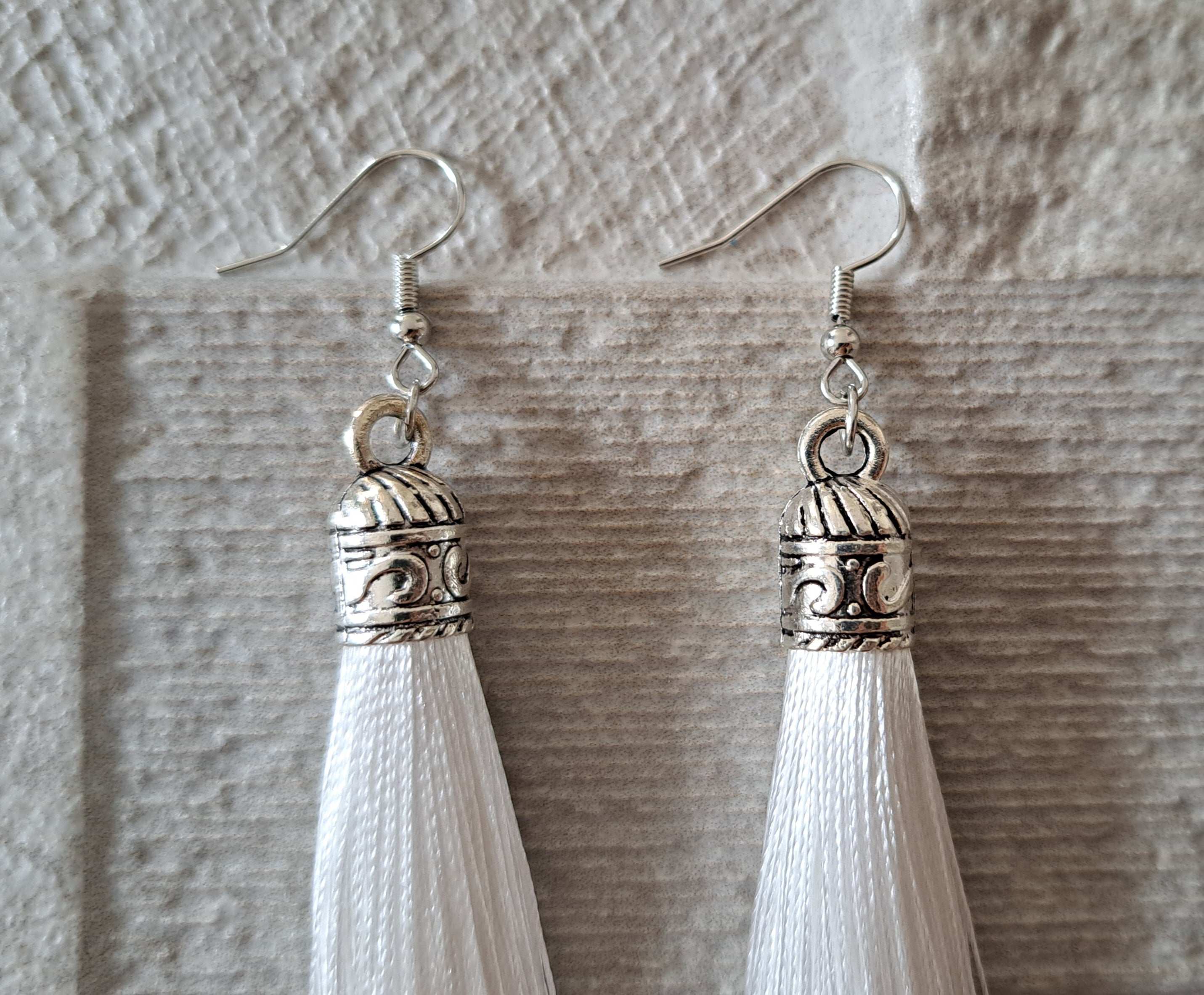 White Silver Silk Tassel Long Drop Earrings