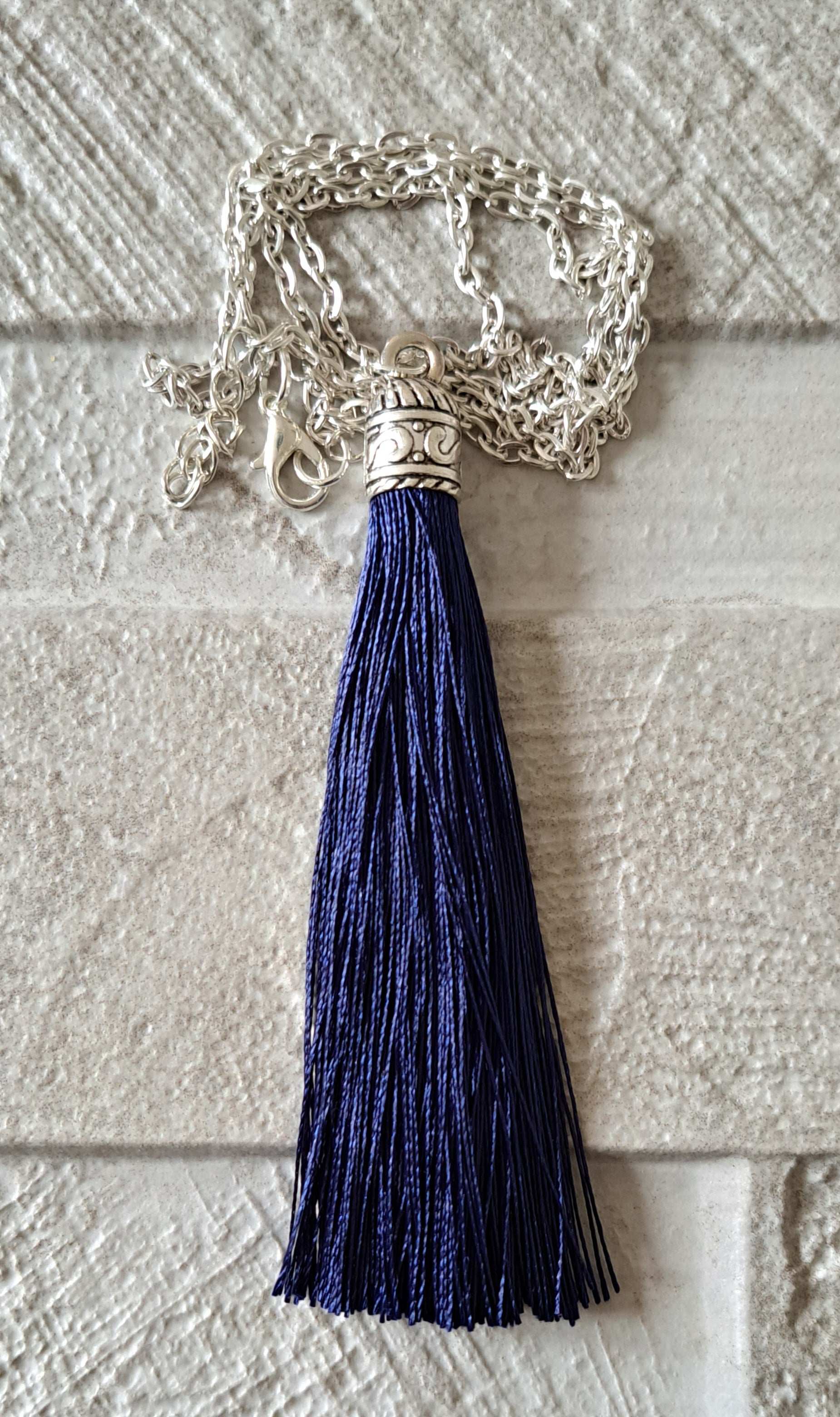 Navy Silver Silk Tassel Long Drop Necklace
