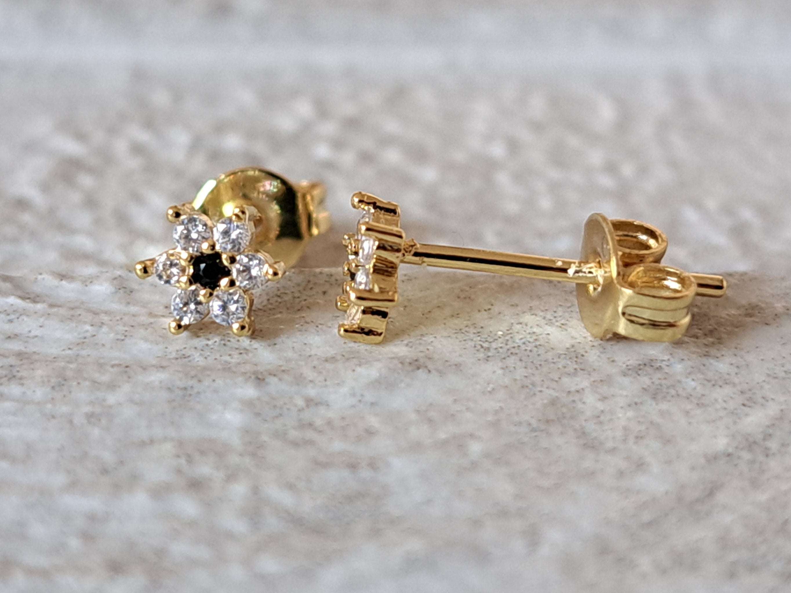 Tiny Gold Black Swarovski Crystal Stud Earrings