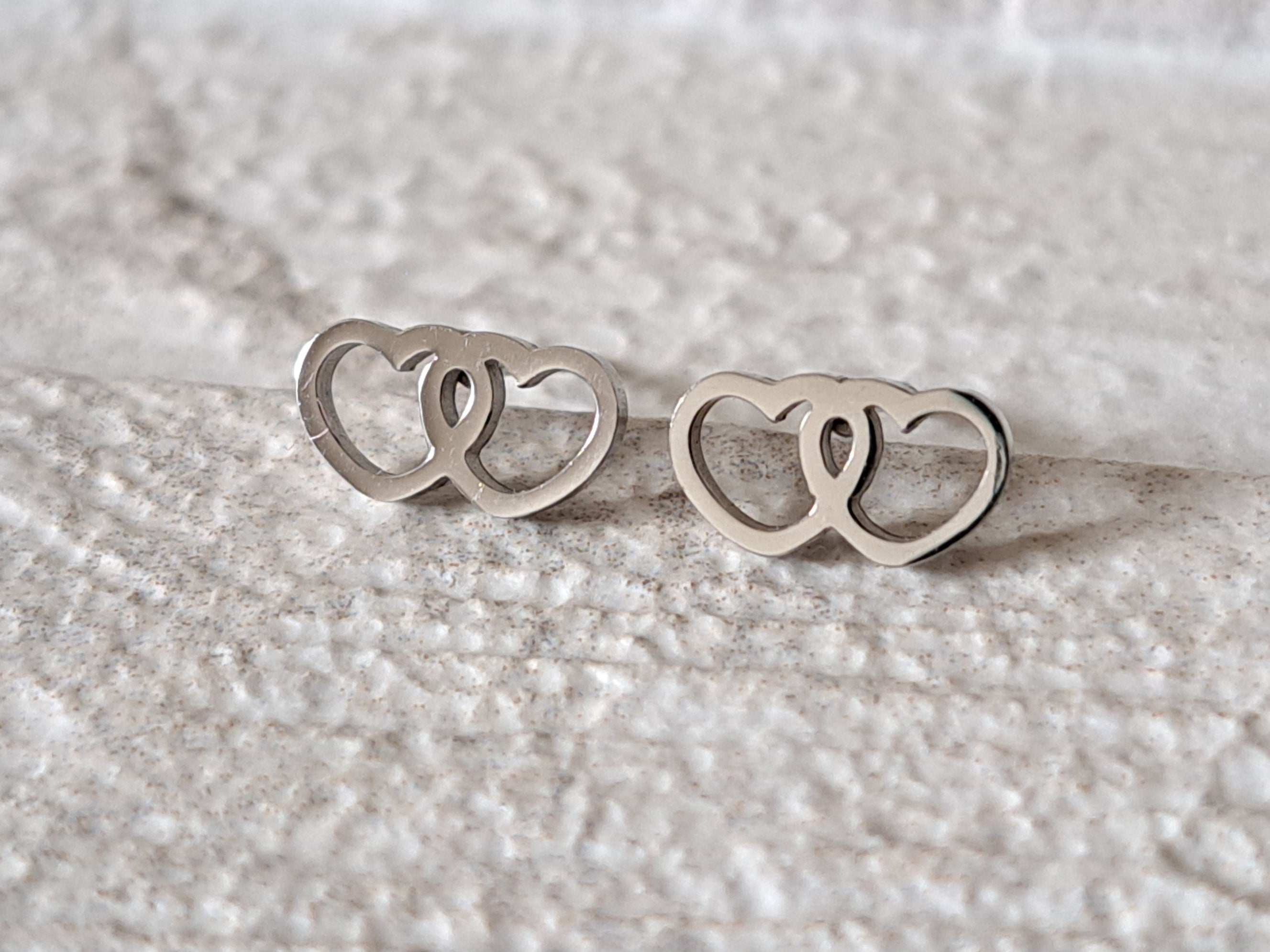 Small Silver Hollow Double Heart Stud Earrings