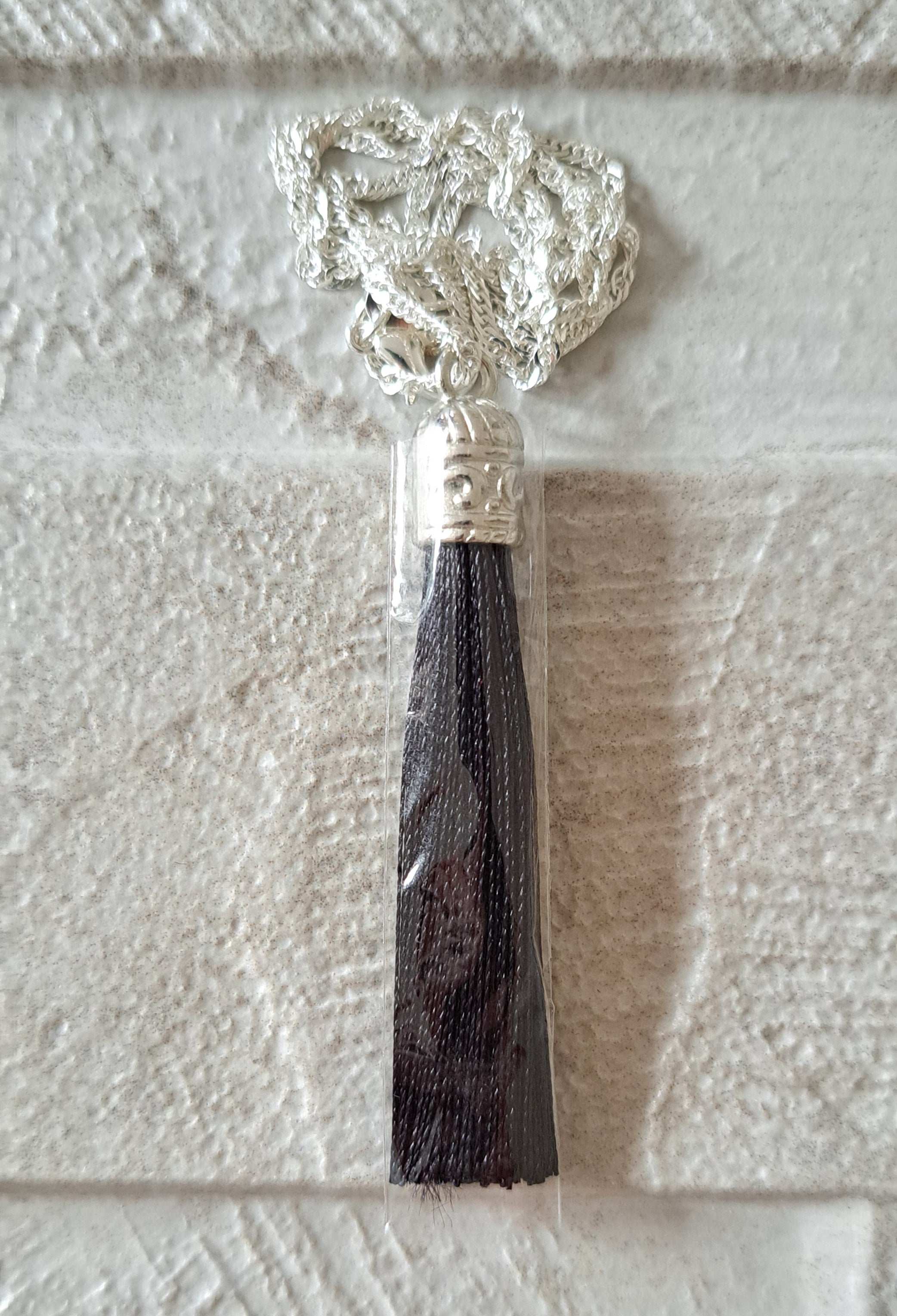 Black Silver Silk Tassel Long Drop Necklace