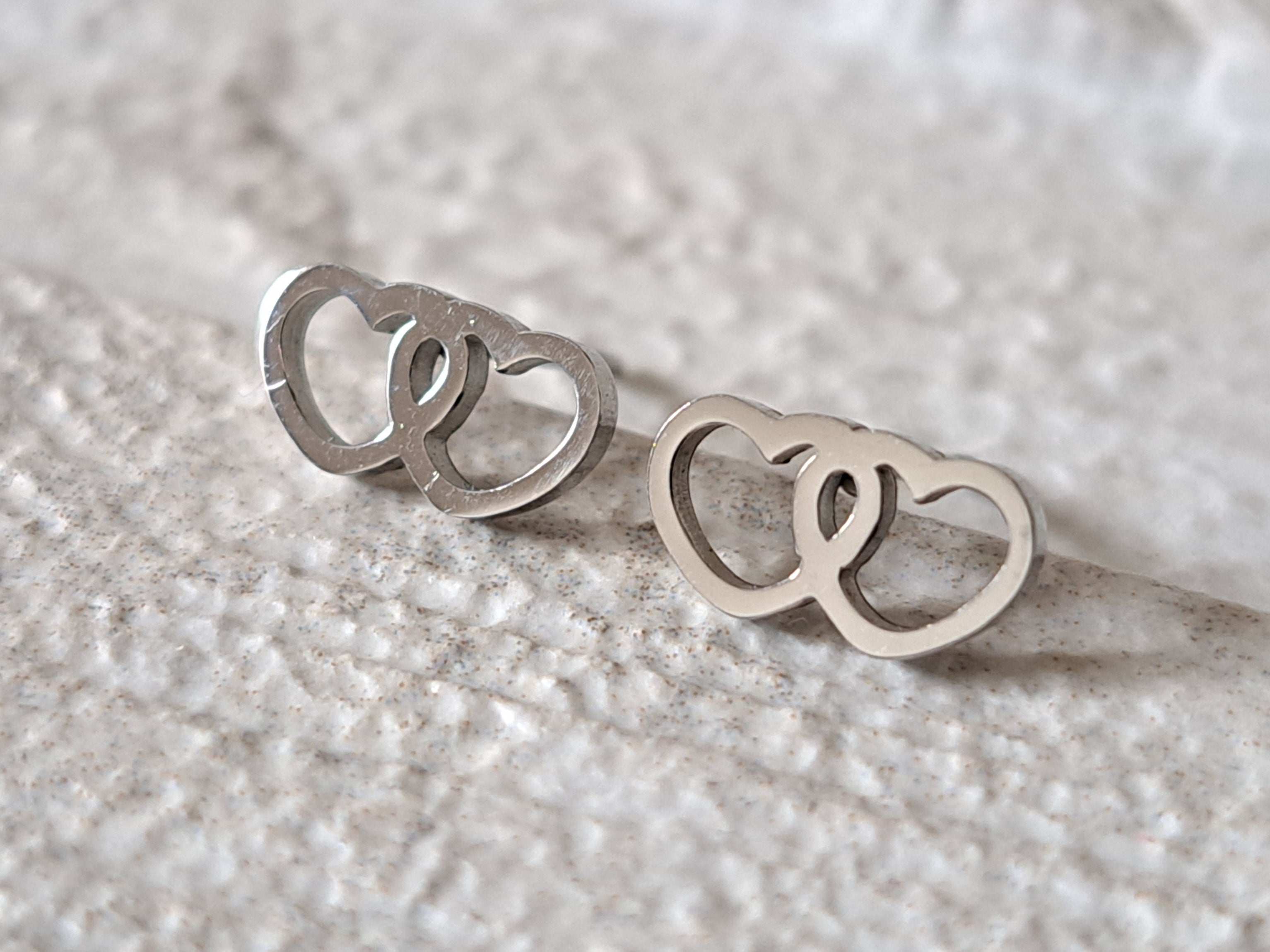 Small Silver Hollow Double Heart Stud Earrings