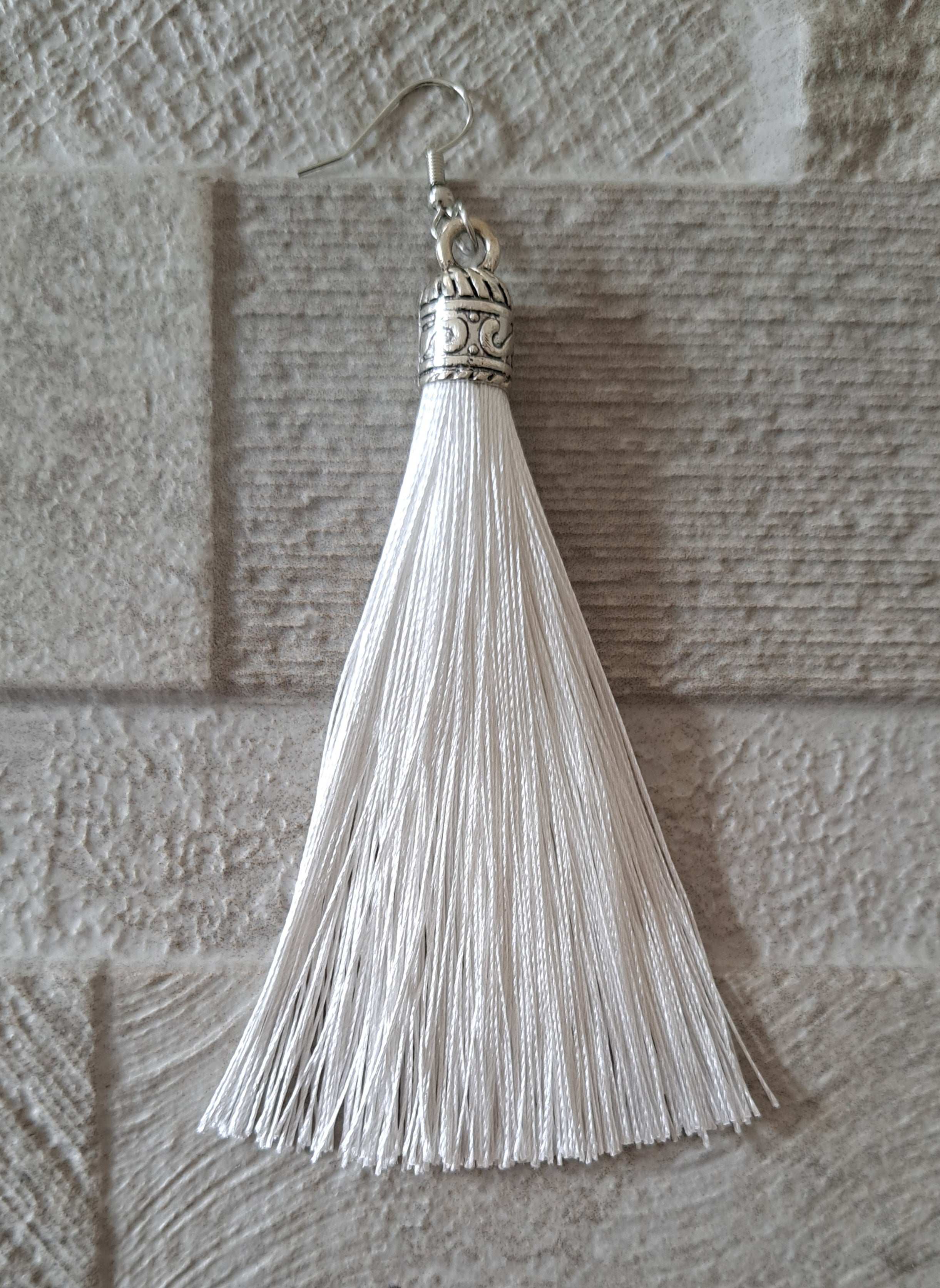 White Silver Silk Tassel Long Drop Earrings