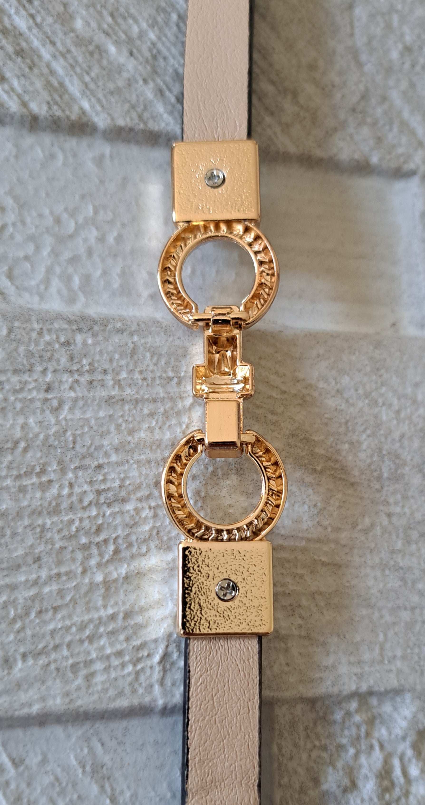 Tan Gold Skinny Double Buckle Stretch Dress Belt