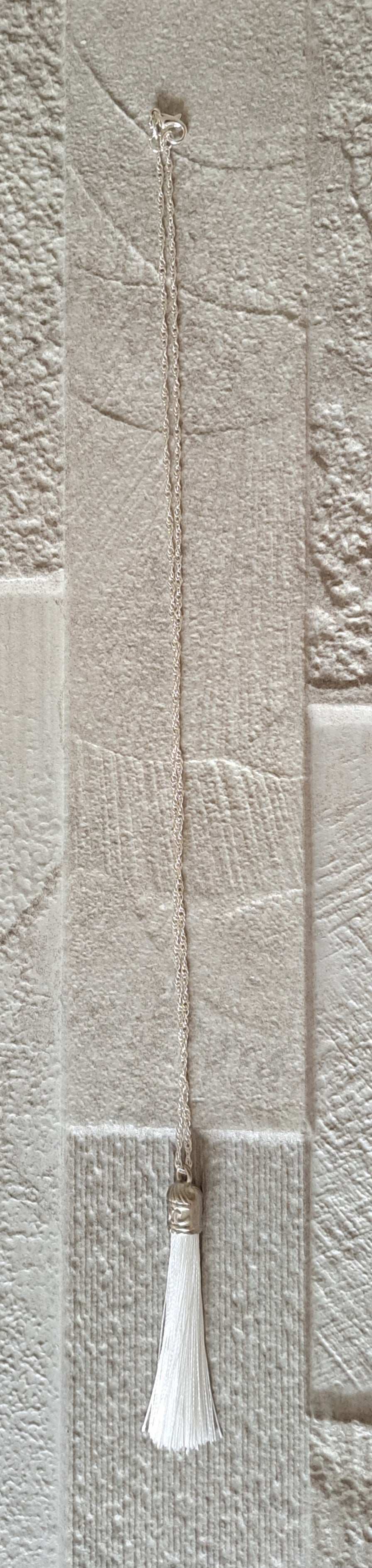 White Silver Silk Tassel Long Drop Necklace