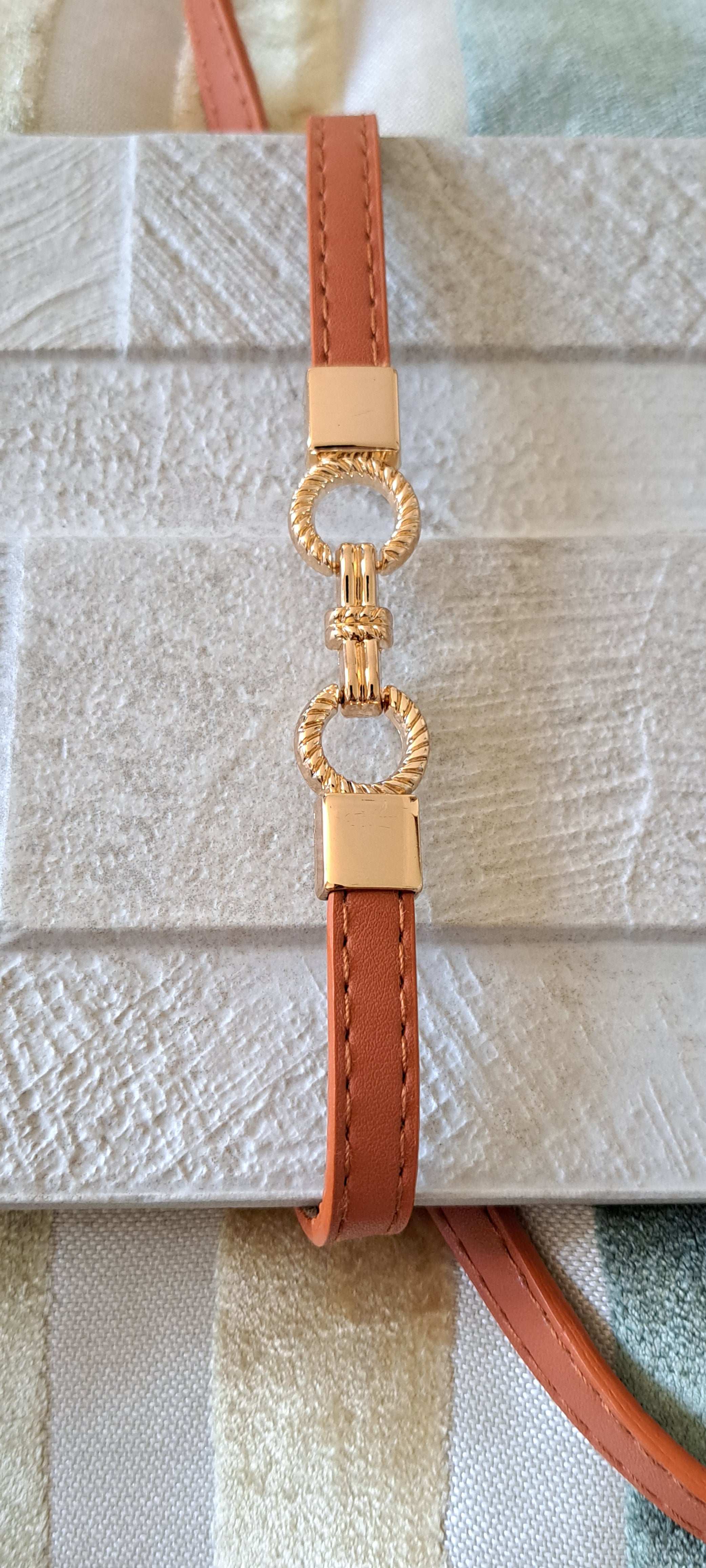 Tan Gold Skinny Double Buckle Stretch Dress Belt