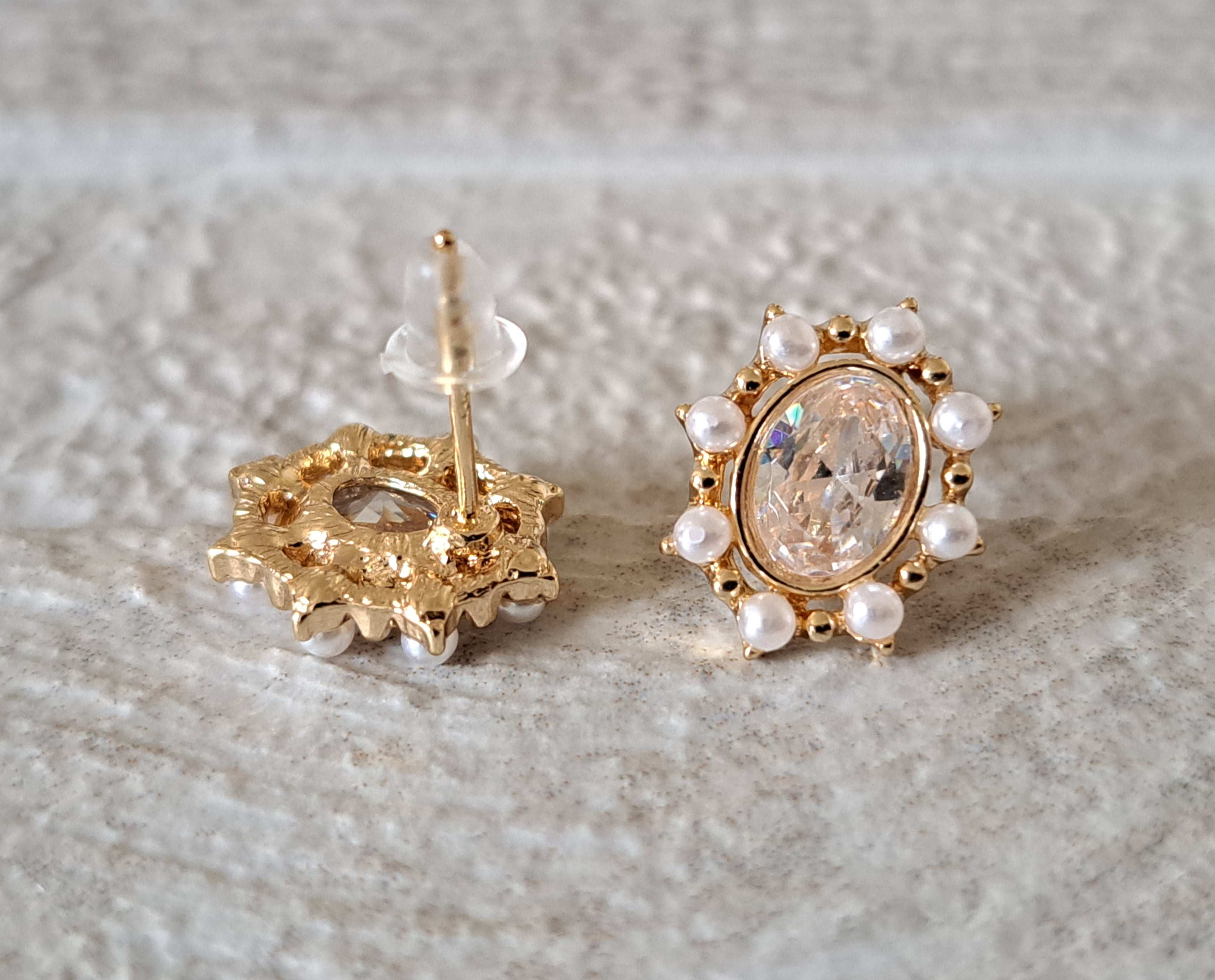 Gold Oval White Pearl Swarovski Crystal Earrings