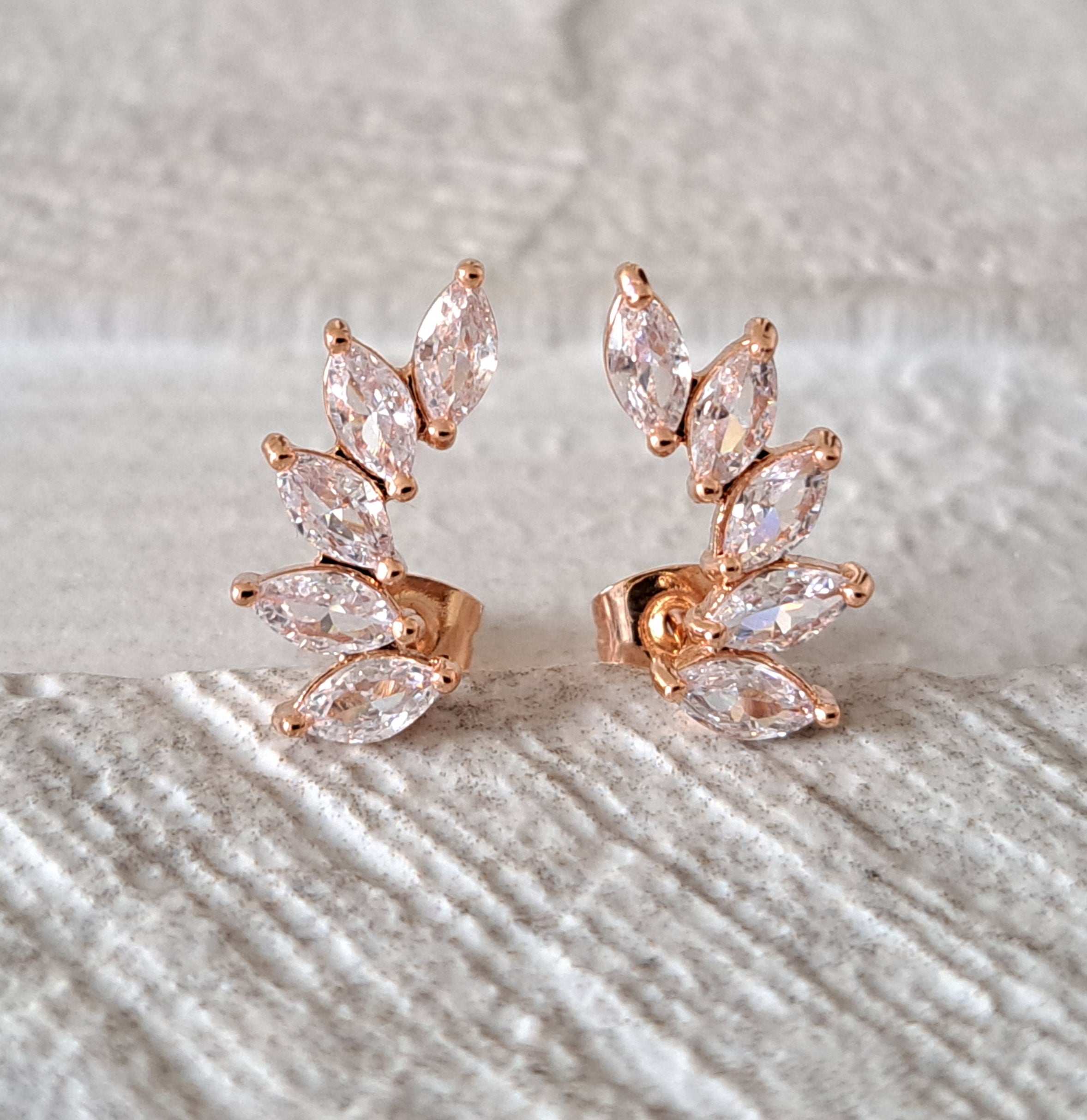 Rose Gold Leaf Climber Swarovski Crystal Stud Earrings