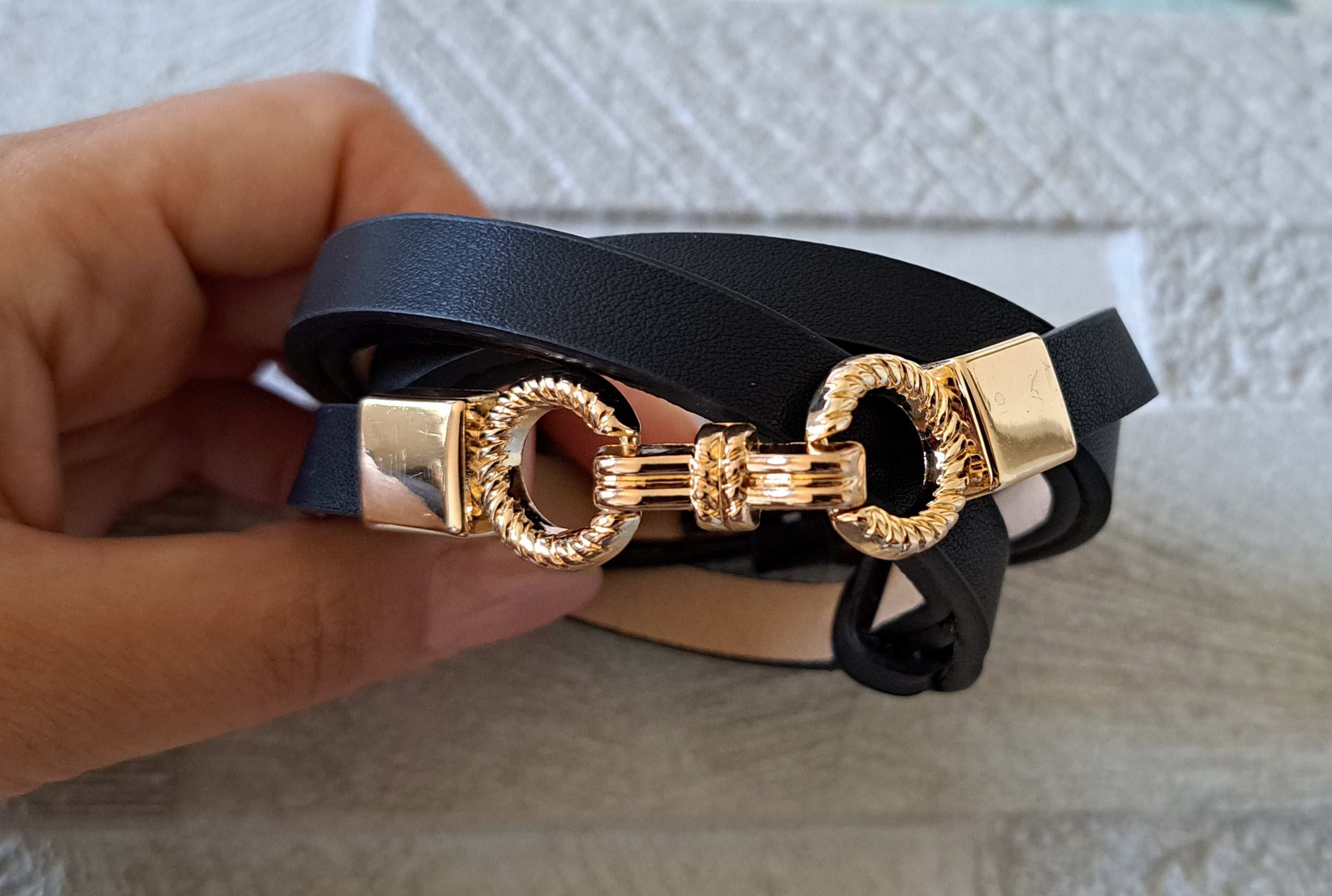 Black Gold Skinny Double Buckle Stretch Dress Belt