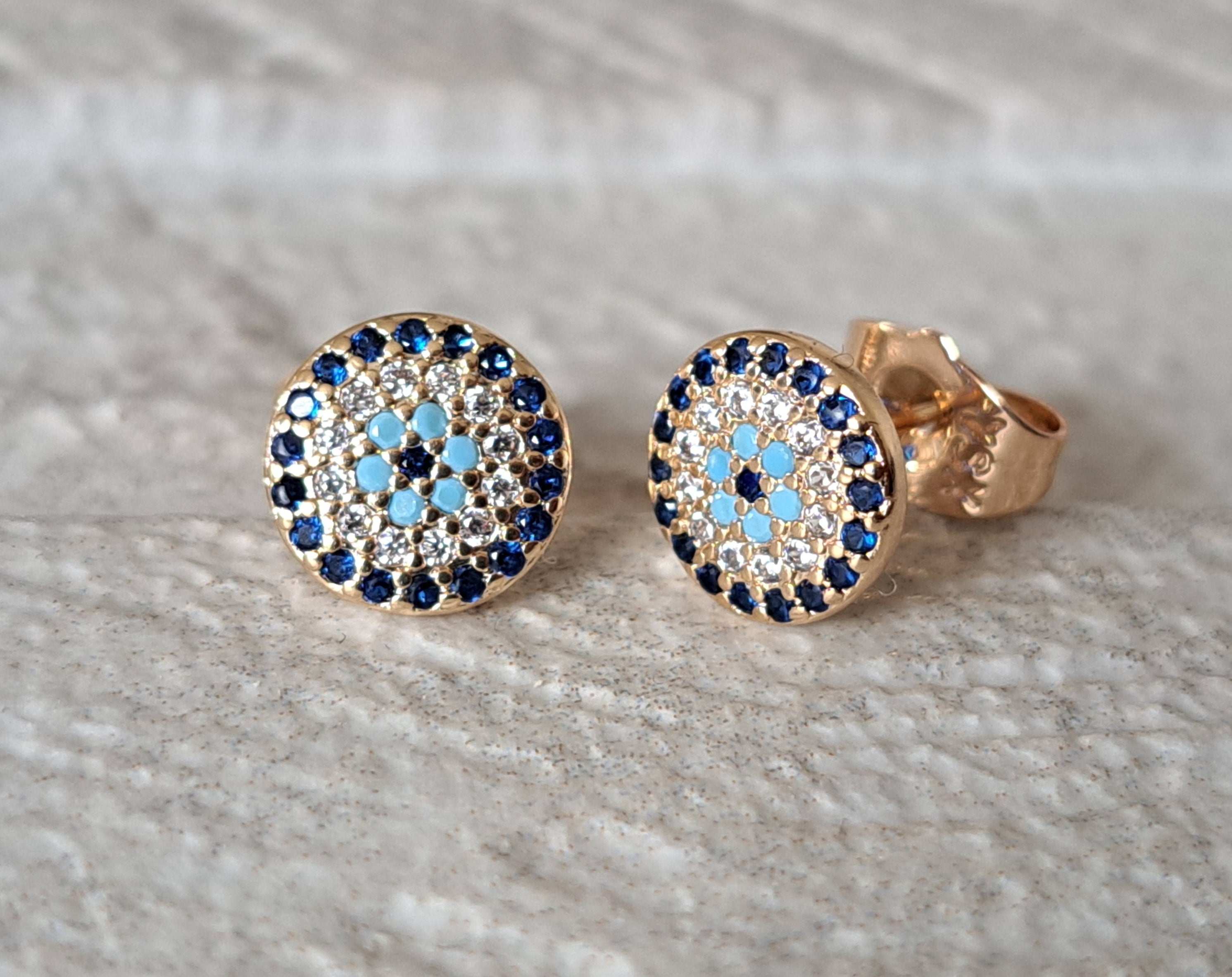 Gold Round Evil Eye Swarovski Crystal Small Stud Earrings