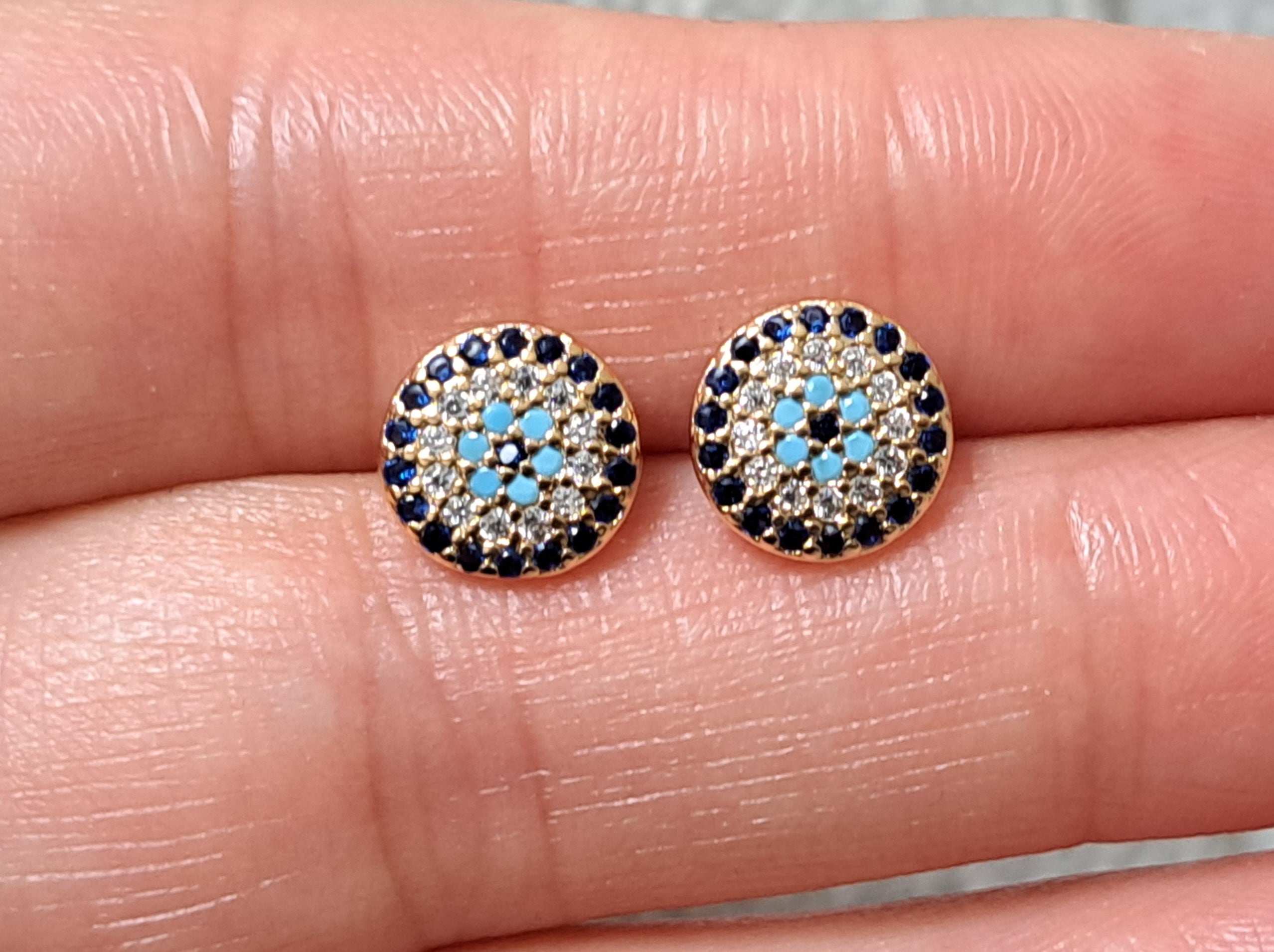 Gold Round Evil Eye Swarovski Crystal Small Stud Earrings
