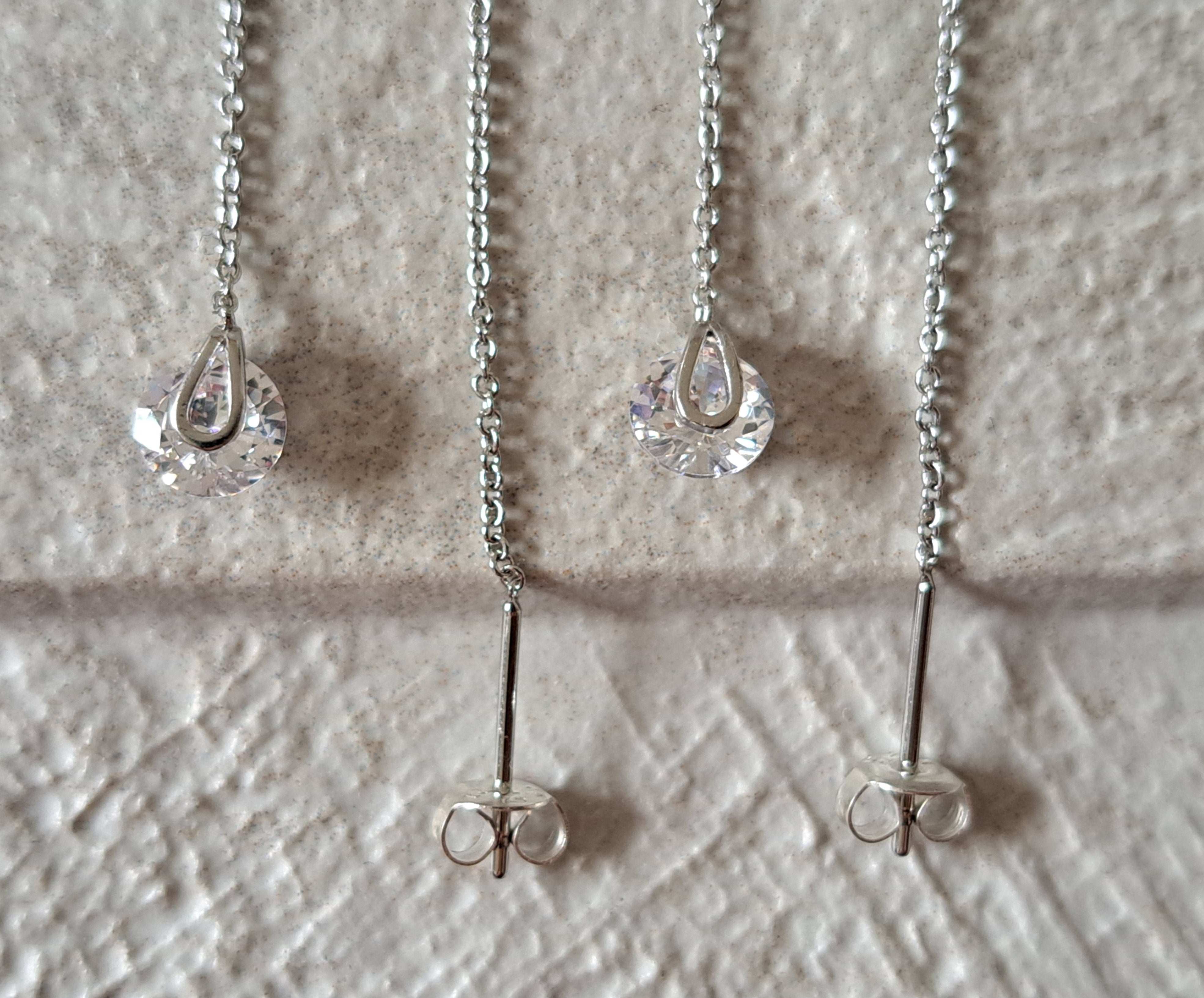 Silver Swarovski Crystal Long Water Droplet Chain Earrings