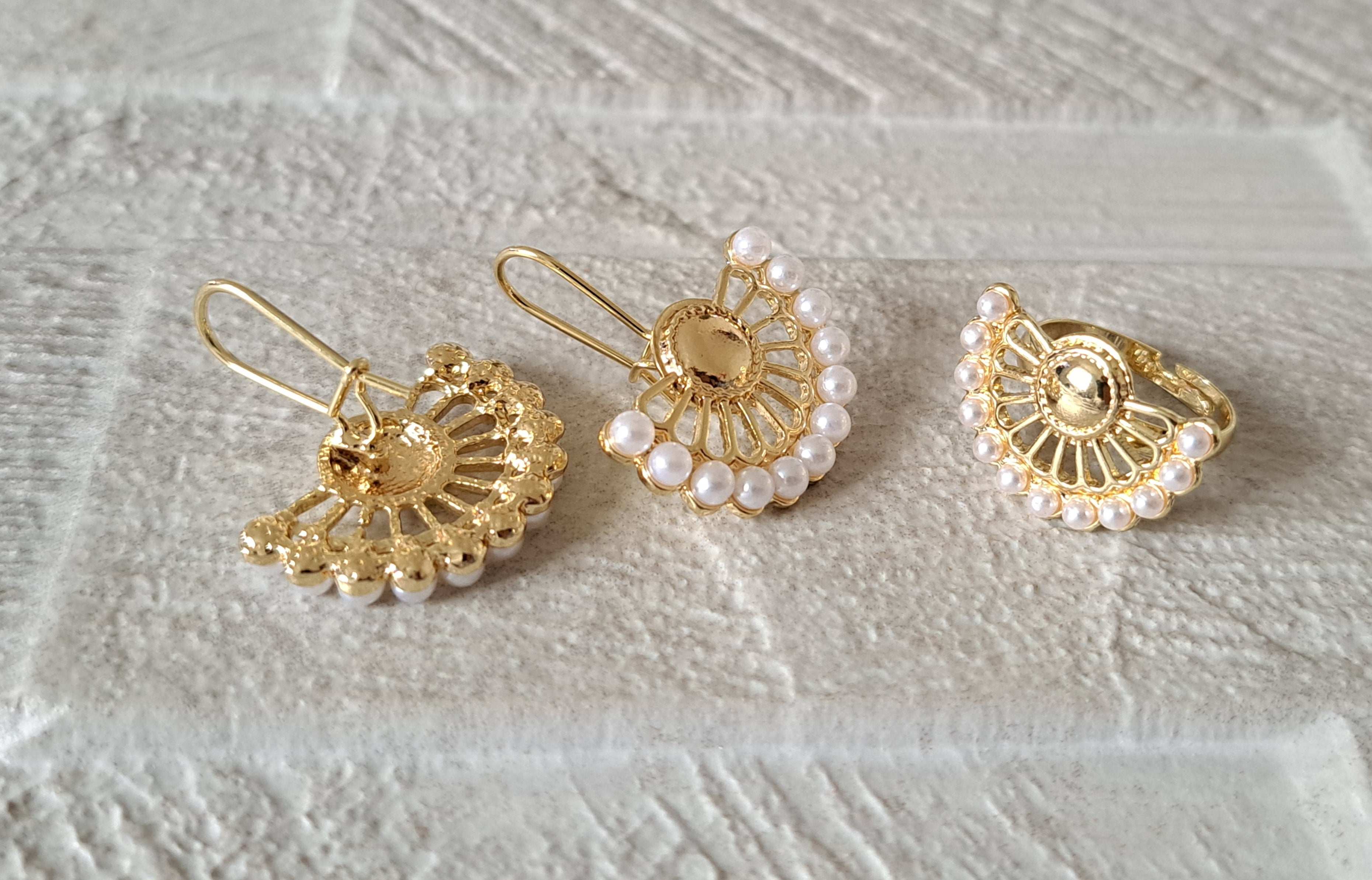 Gold Pearl Choker Necklace Earring Ring Jewellery Set