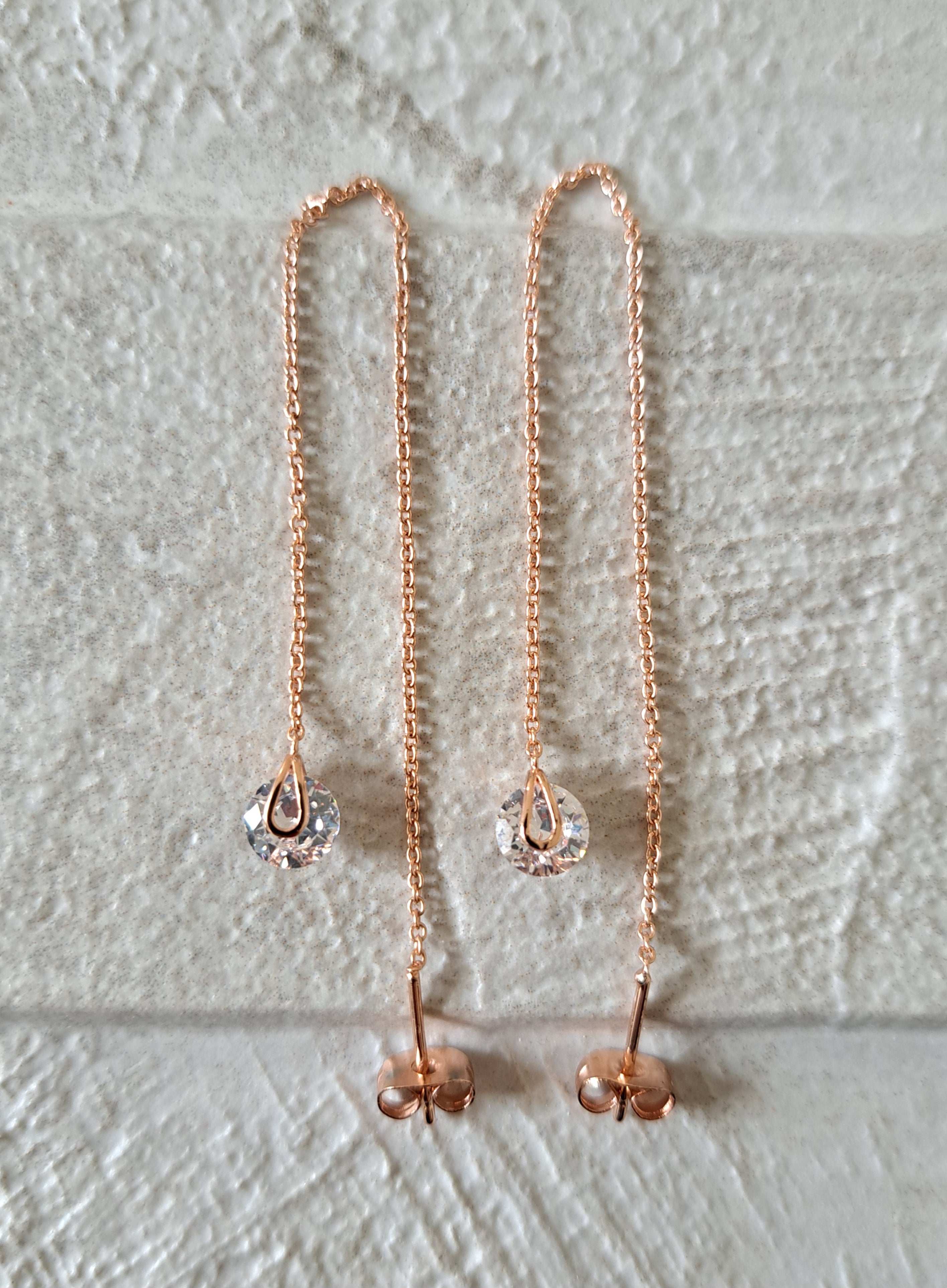 Rose Gold Swarovski Crystal Long Water Droplet Chain Earrings
