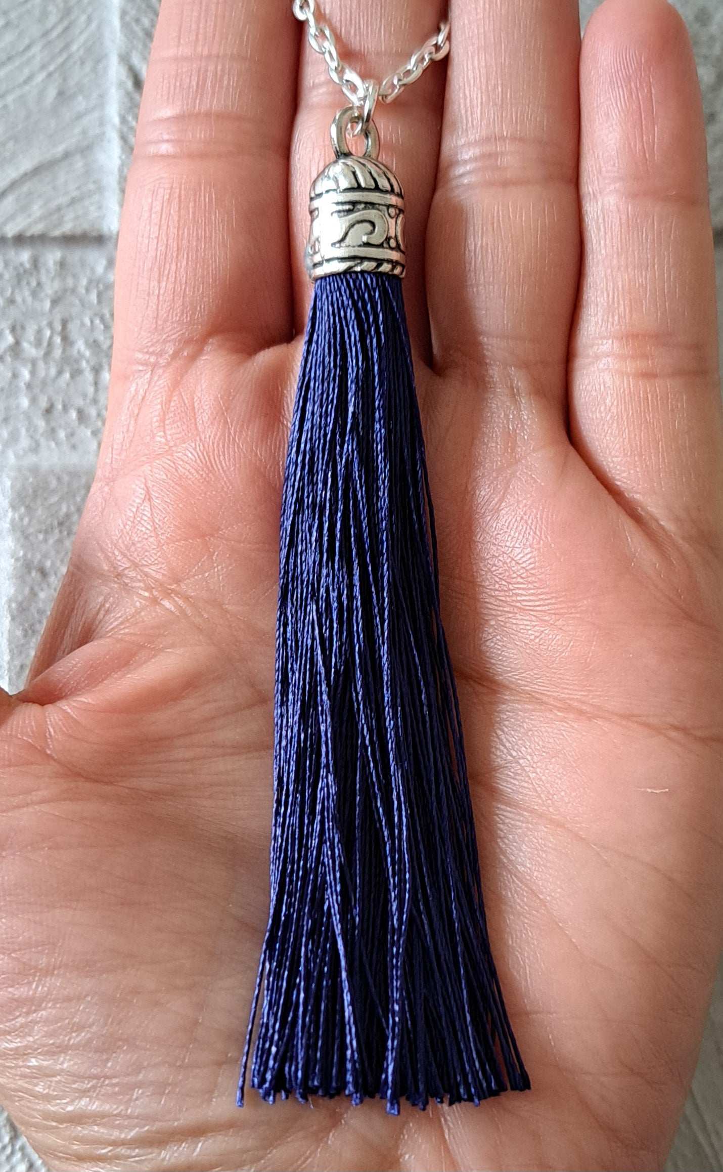 Navy Silver Silk Tassel Long Drop Necklace