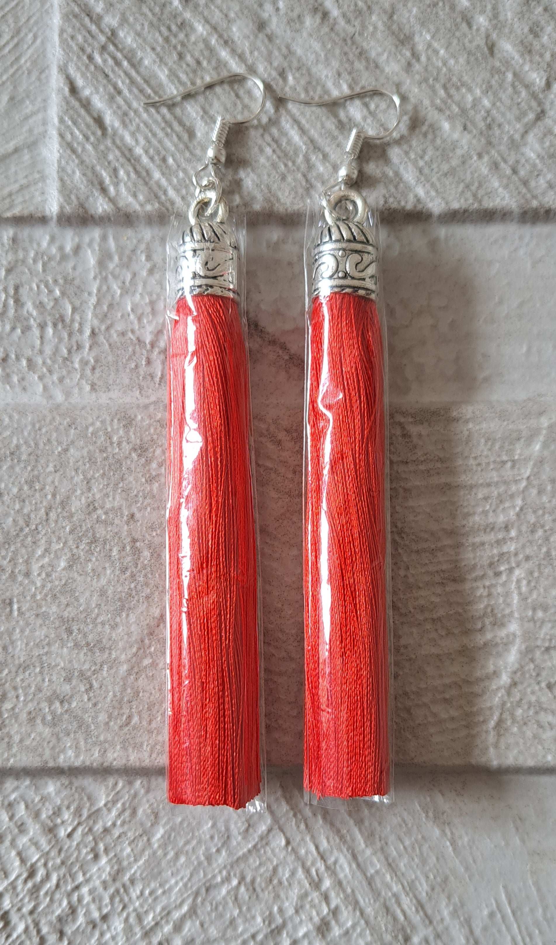 Red Silver Silk Tassel Long Drop Earrings