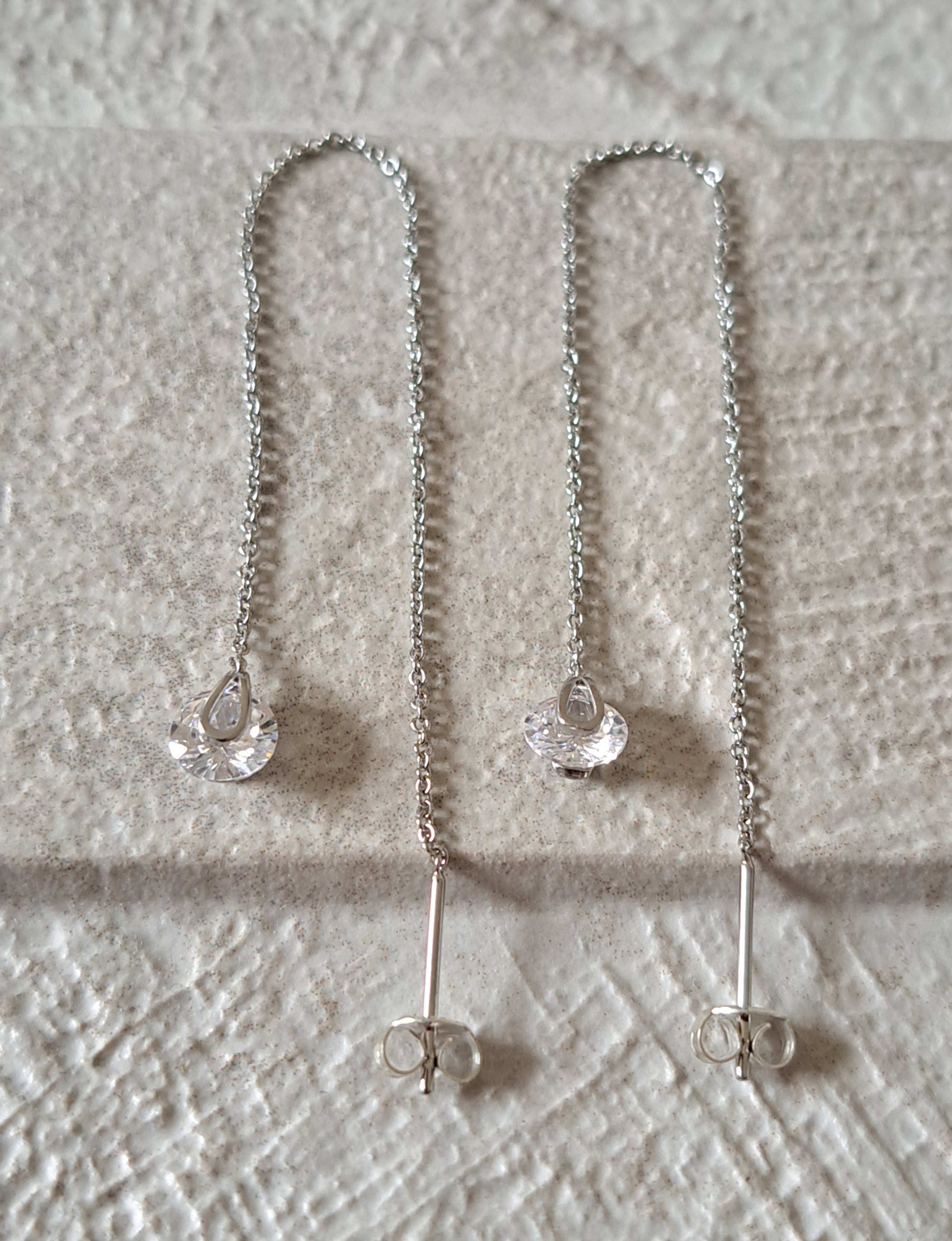 Silver Swarovski Crystal Long Water Droplet Chain Earrings