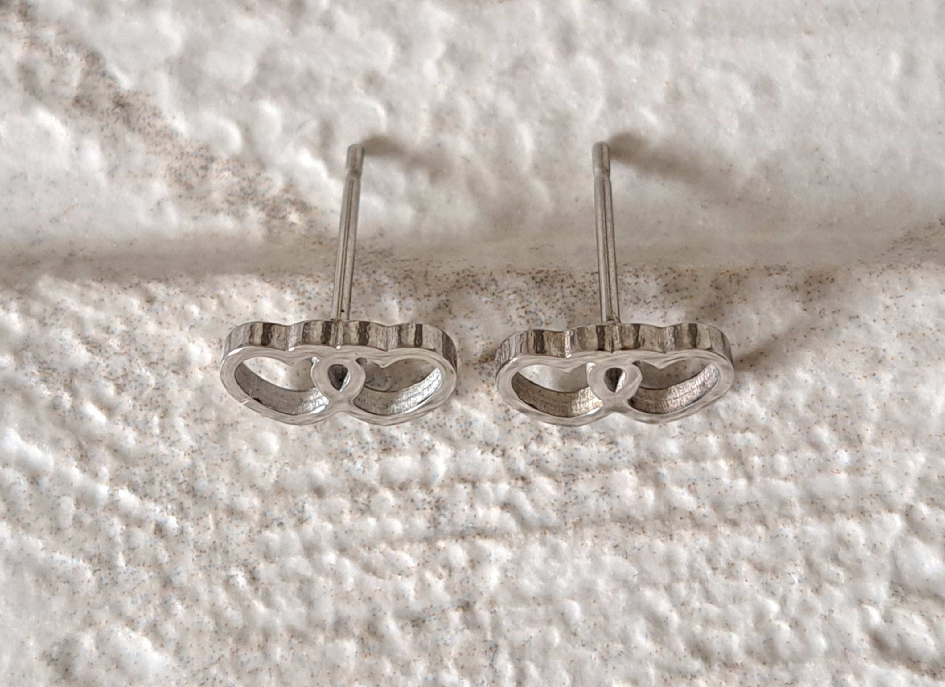 Small Silver Hollow Double Heart Stud Earrings