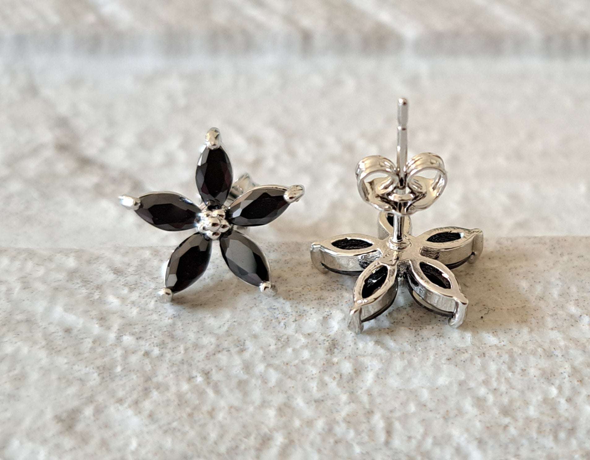 Black Silver Flower Star Swarovski Crystal Earrings
