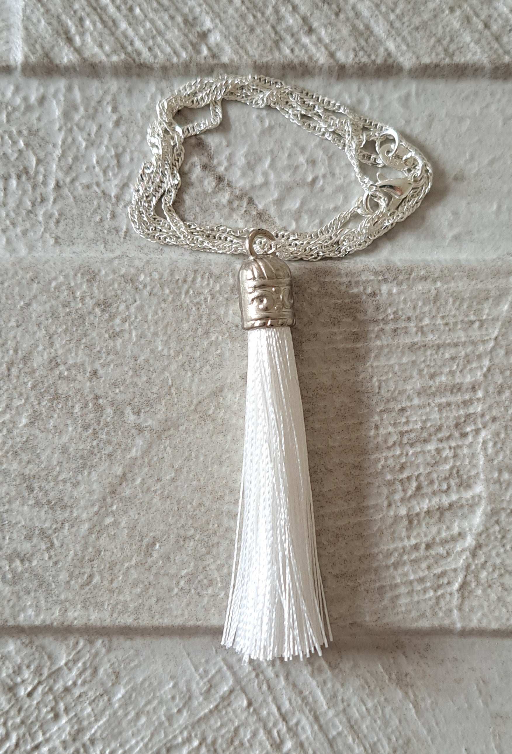 White Silver Silk Tassel Long Drop Necklace