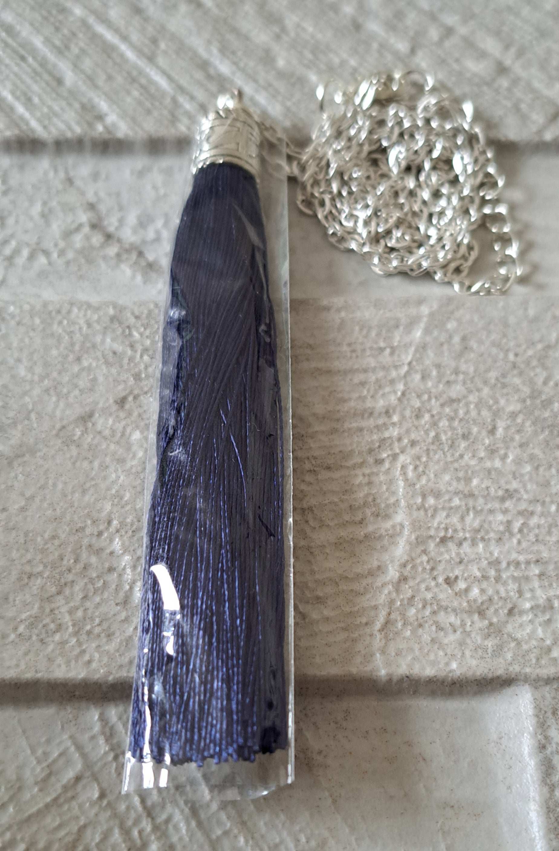 Navy Silver Silk Tassel Long Drop Necklace