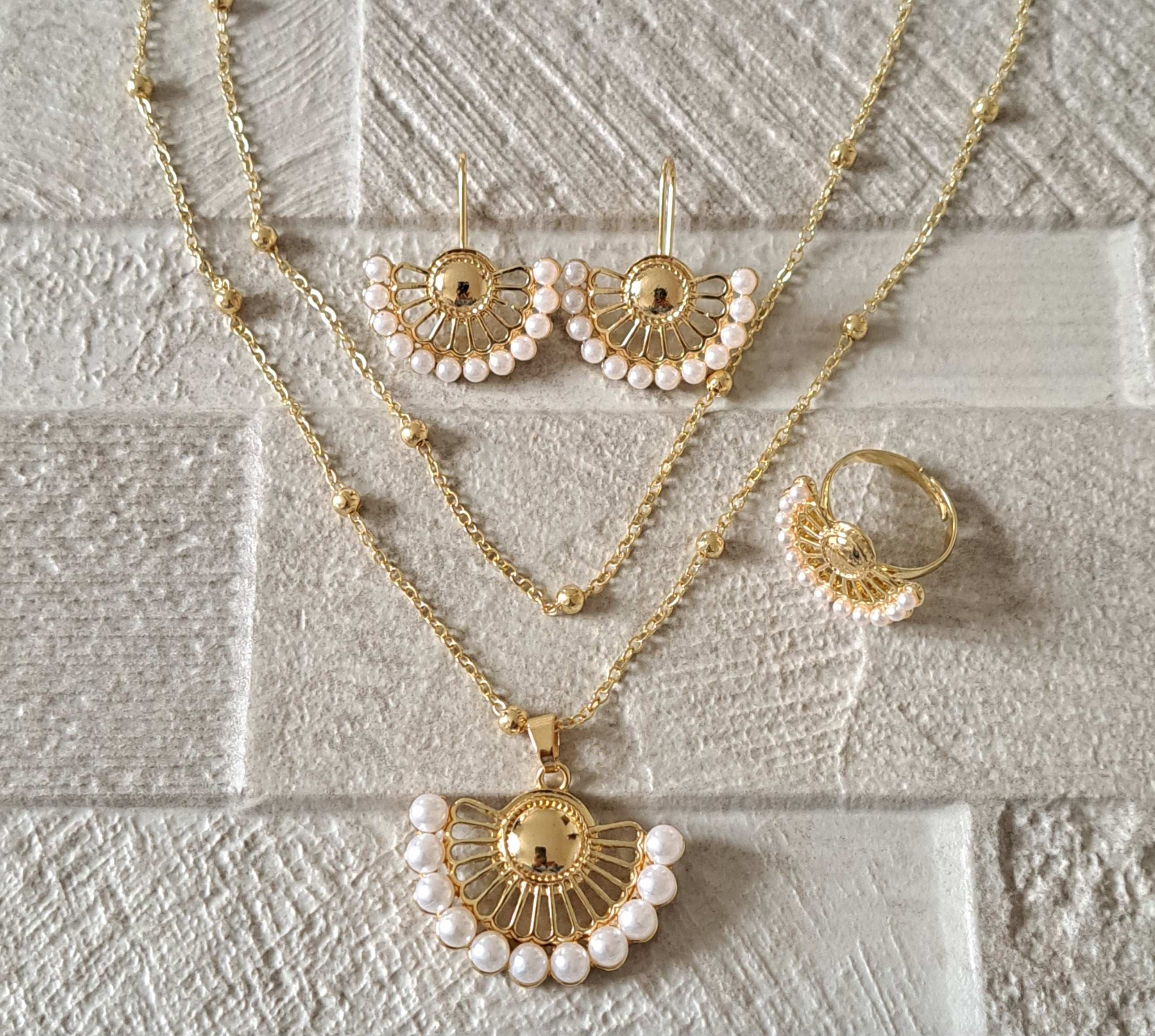 Gold Pearl Choker Necklace Earring Ring Jewellery Set