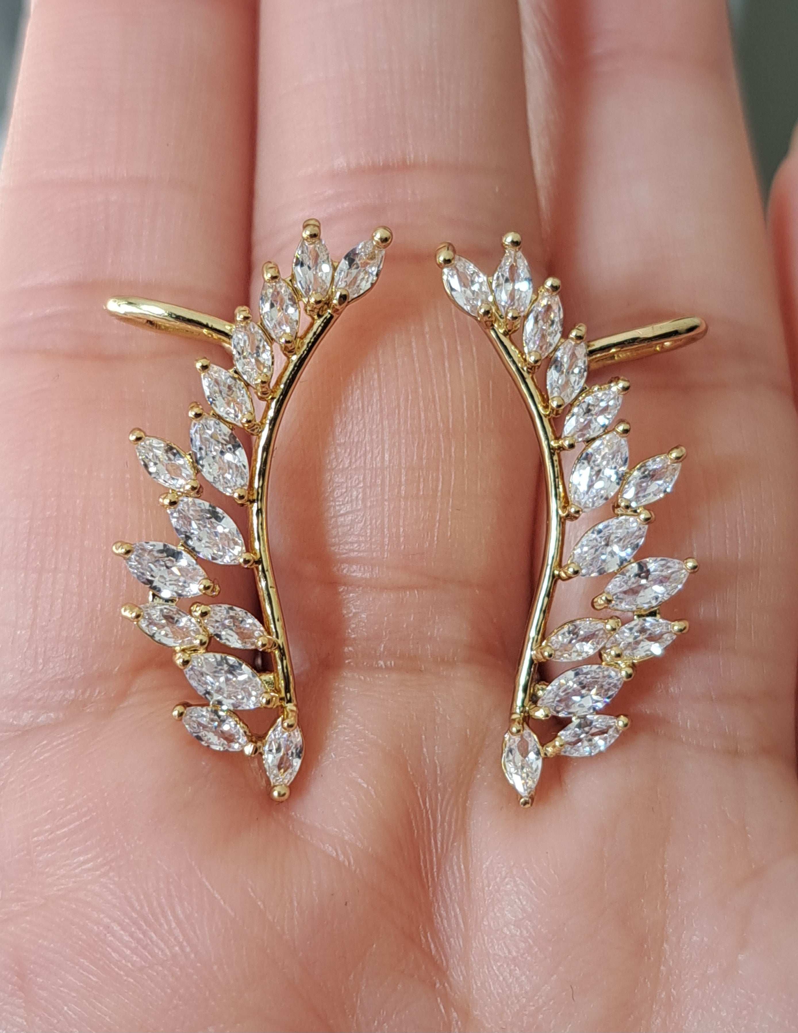 Gold Leaf Swarovski Crystal Wing Climber Earrings
