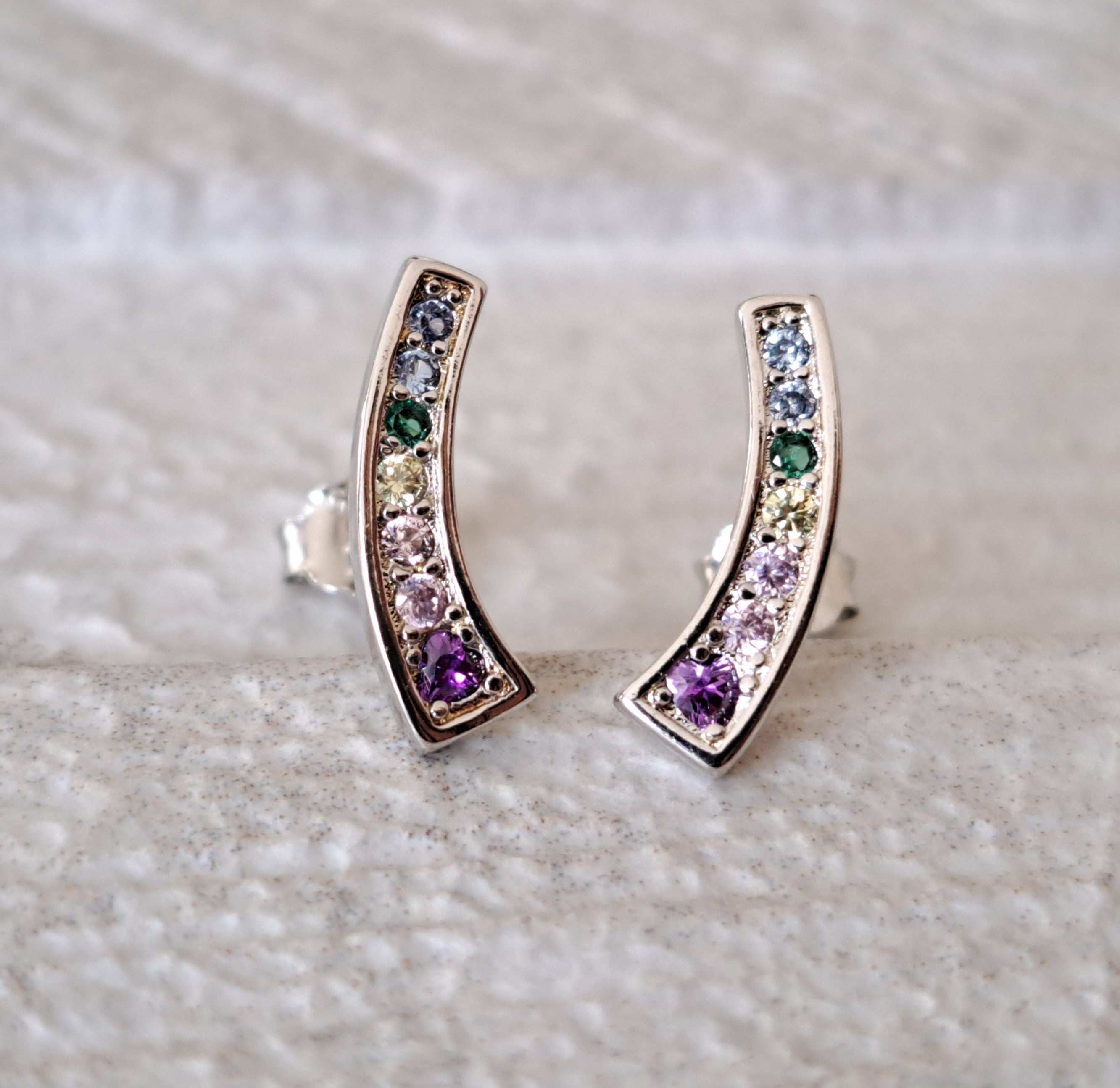 Small Curve Silver Plated Swarovski Crystal Rainbow Earrings