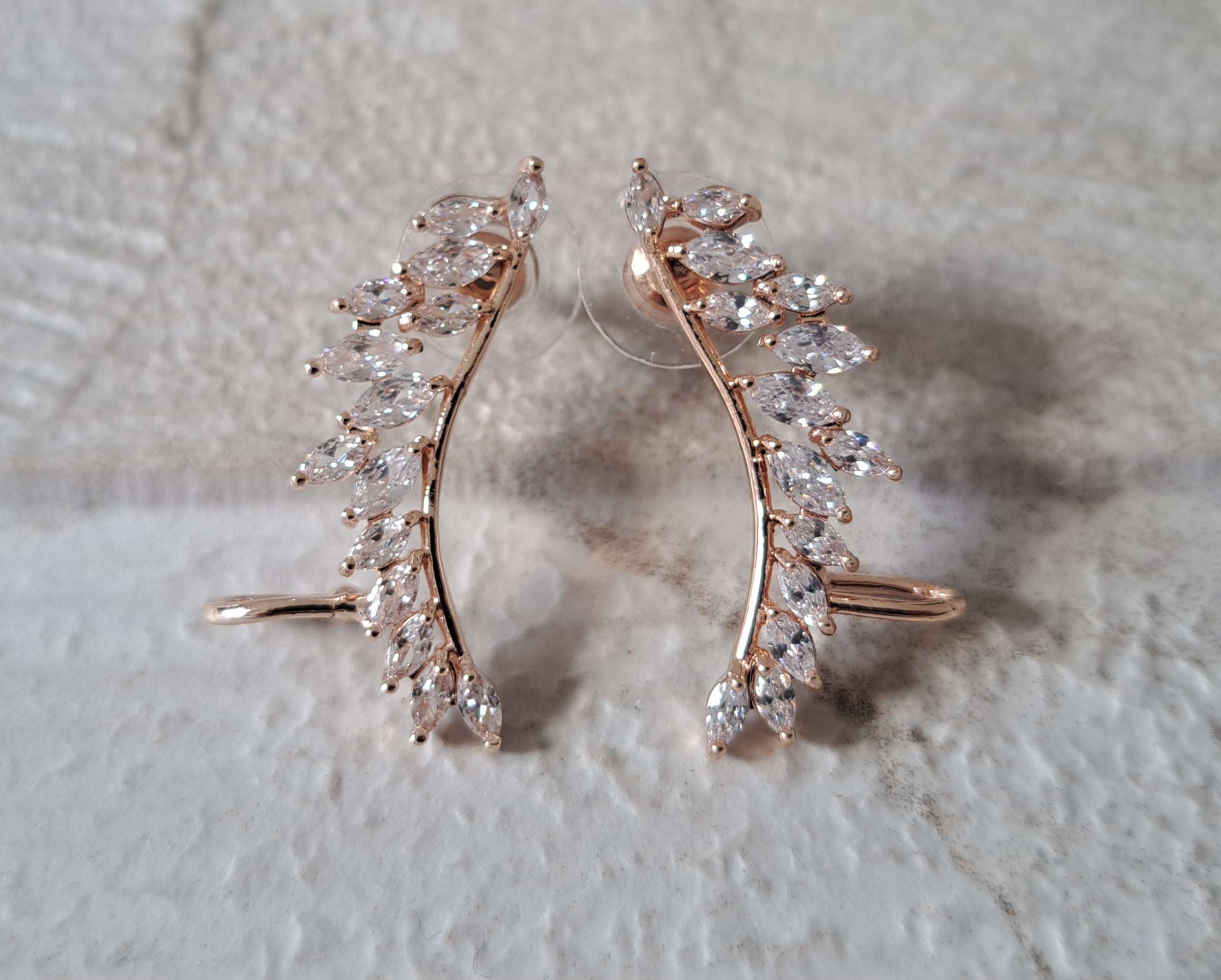 Rose Gold Leaf Swarovski Crystal Wing Climber Earrings