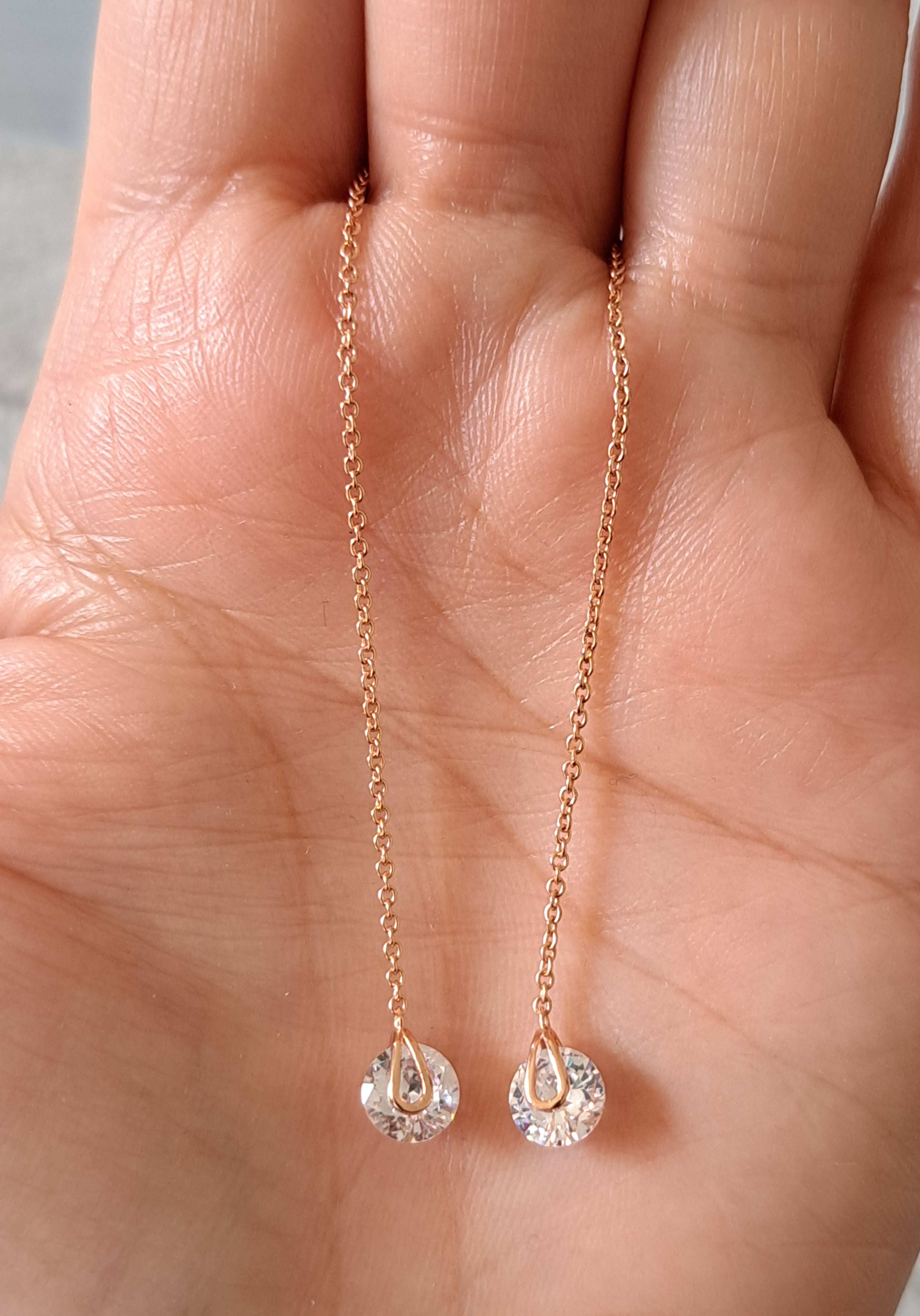 Rose Gold Swarovski Crystal Long Water Droplet Chain Earrings