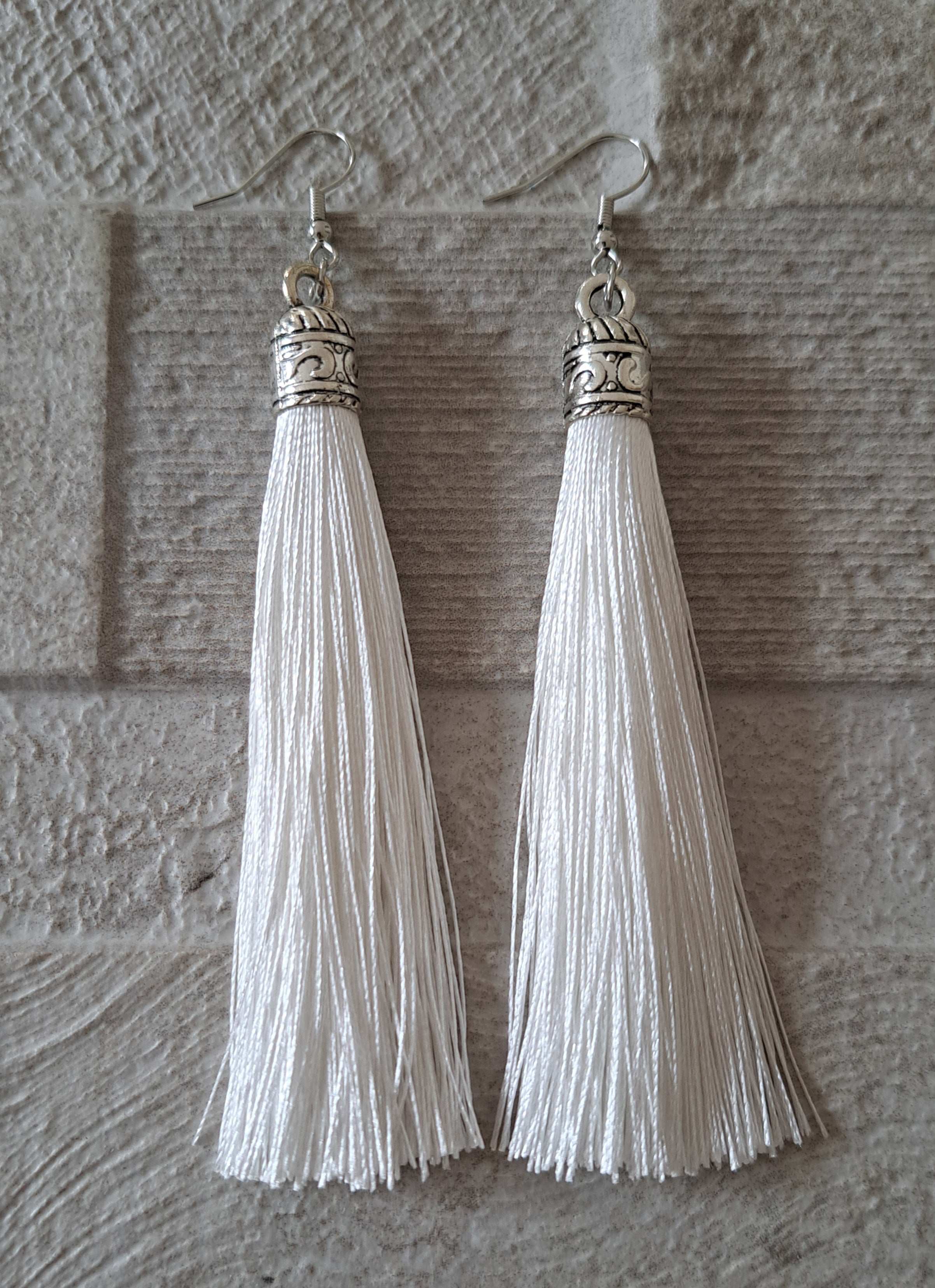 White Silver Silk Tassel Long Drop Earrings