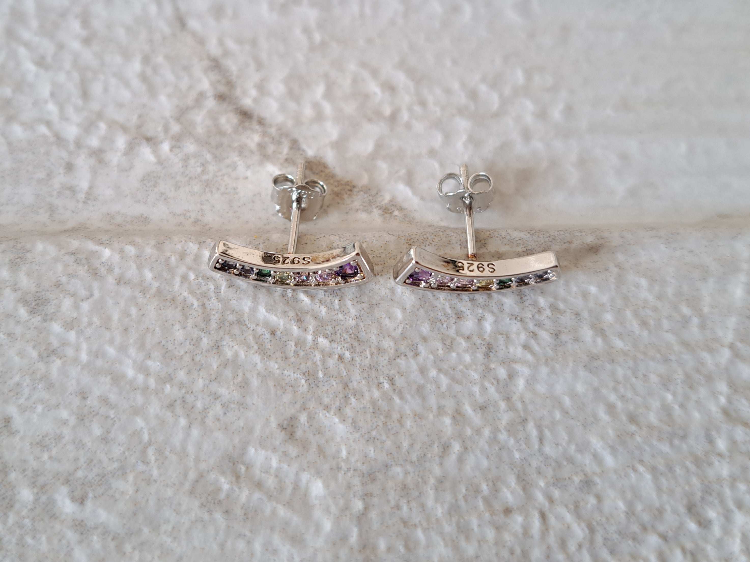 Small Curve Silver Plated Swarovski Crystal Rainbow Earrings