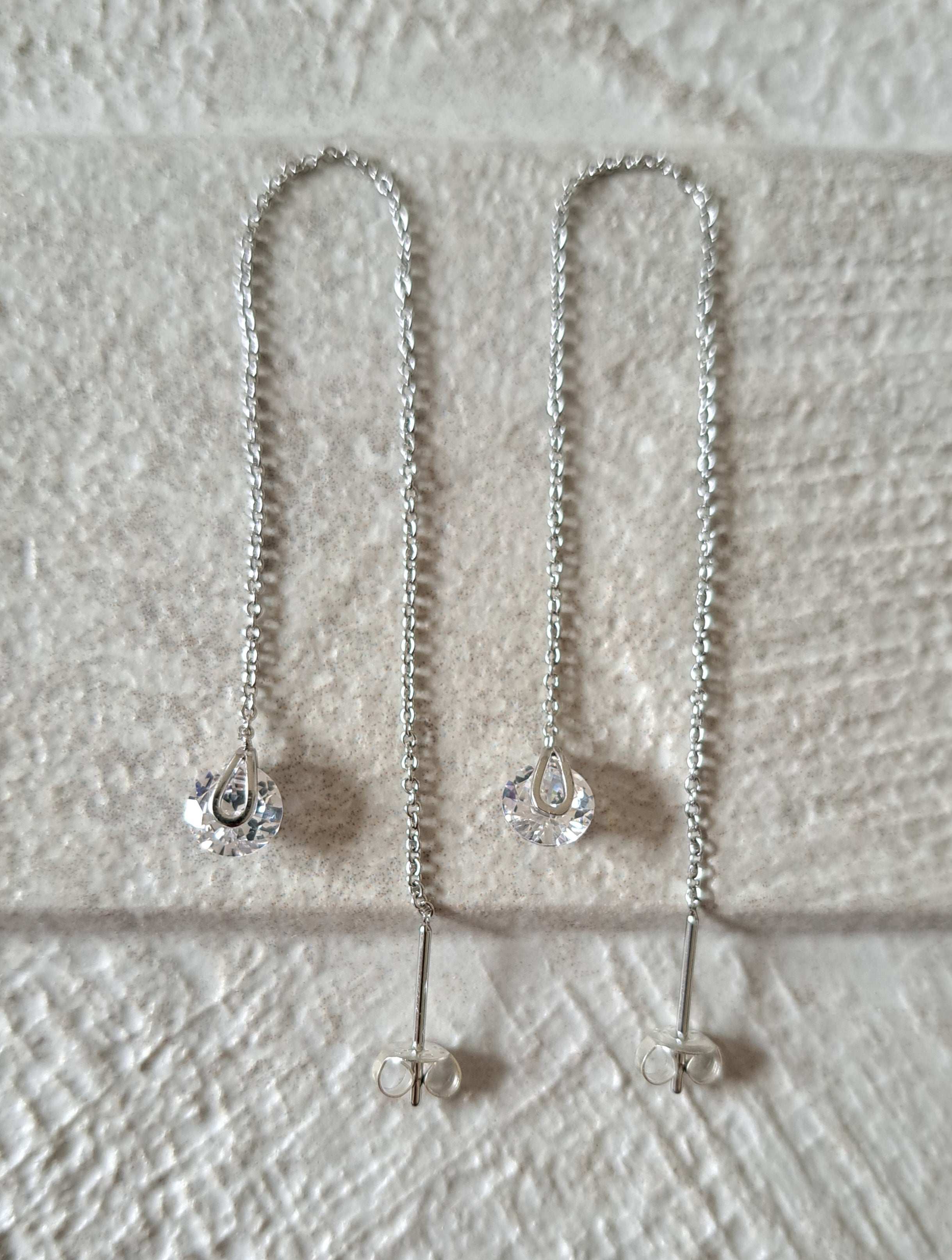 Silver Swarovski Crystal Long Water Droplet Chain Earrings