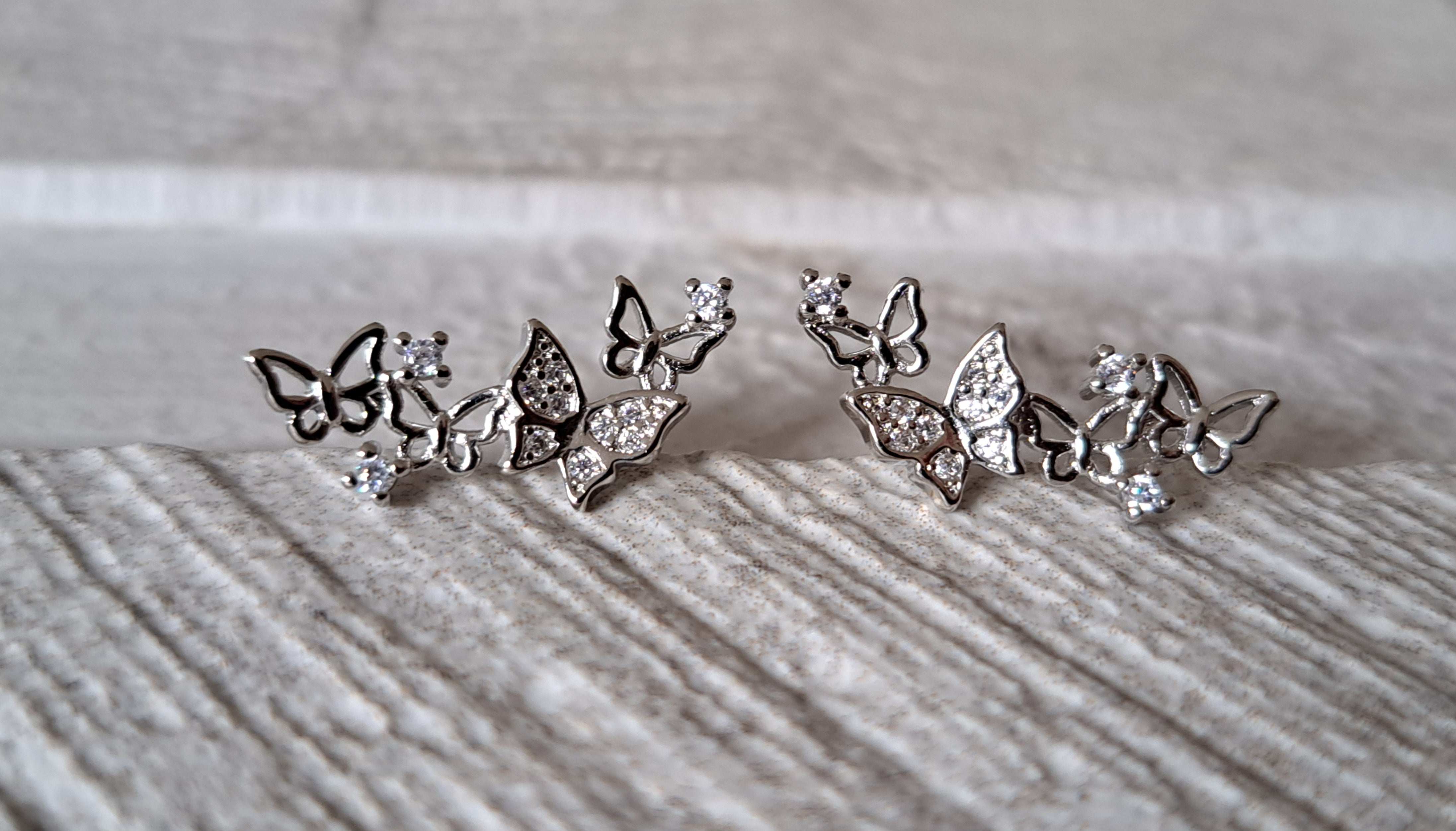 Silver Long Butterfly Swarovski Crystal Earrings