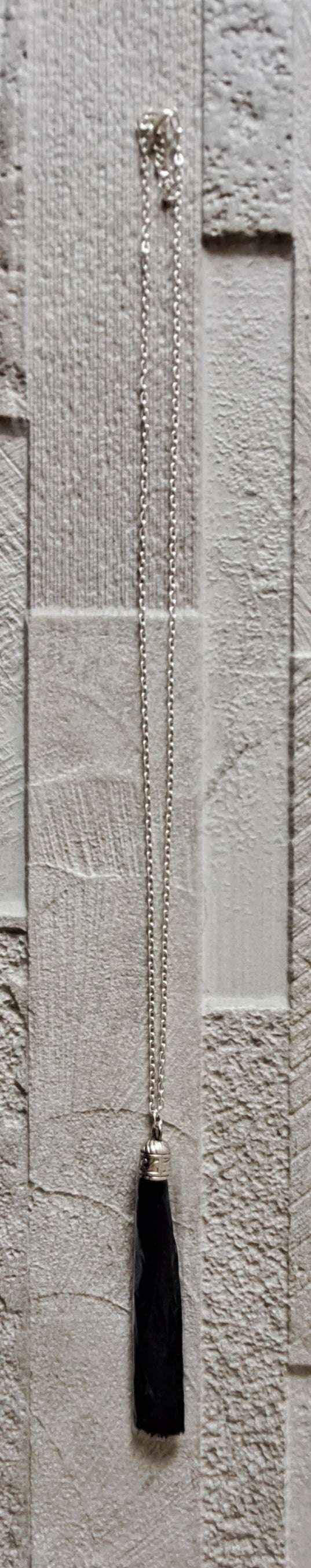 Navy Silver Silk Tassel Long Drop Necklace