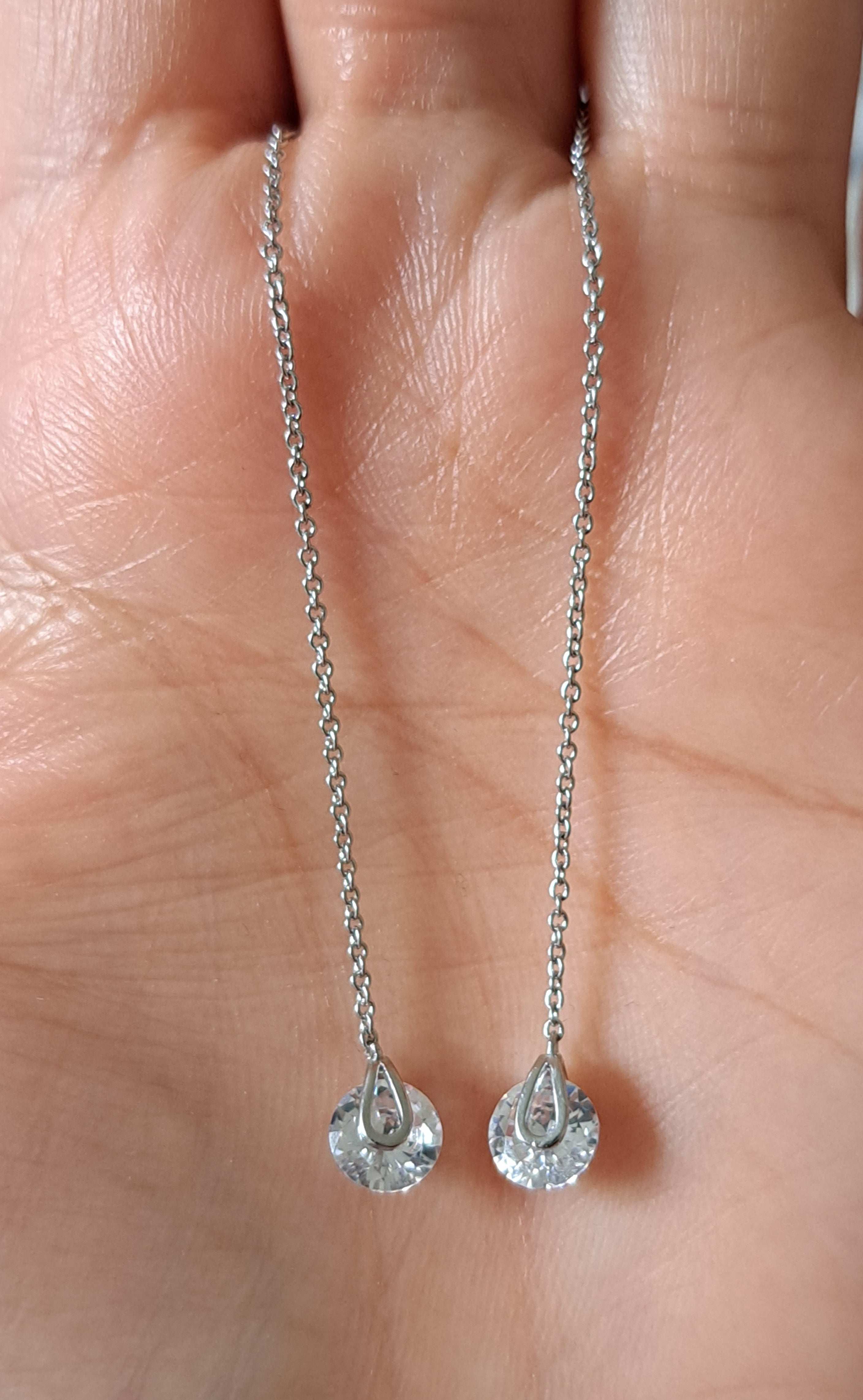 Silver Swarovski Crystal Long Water Droplet Chain Earrings
