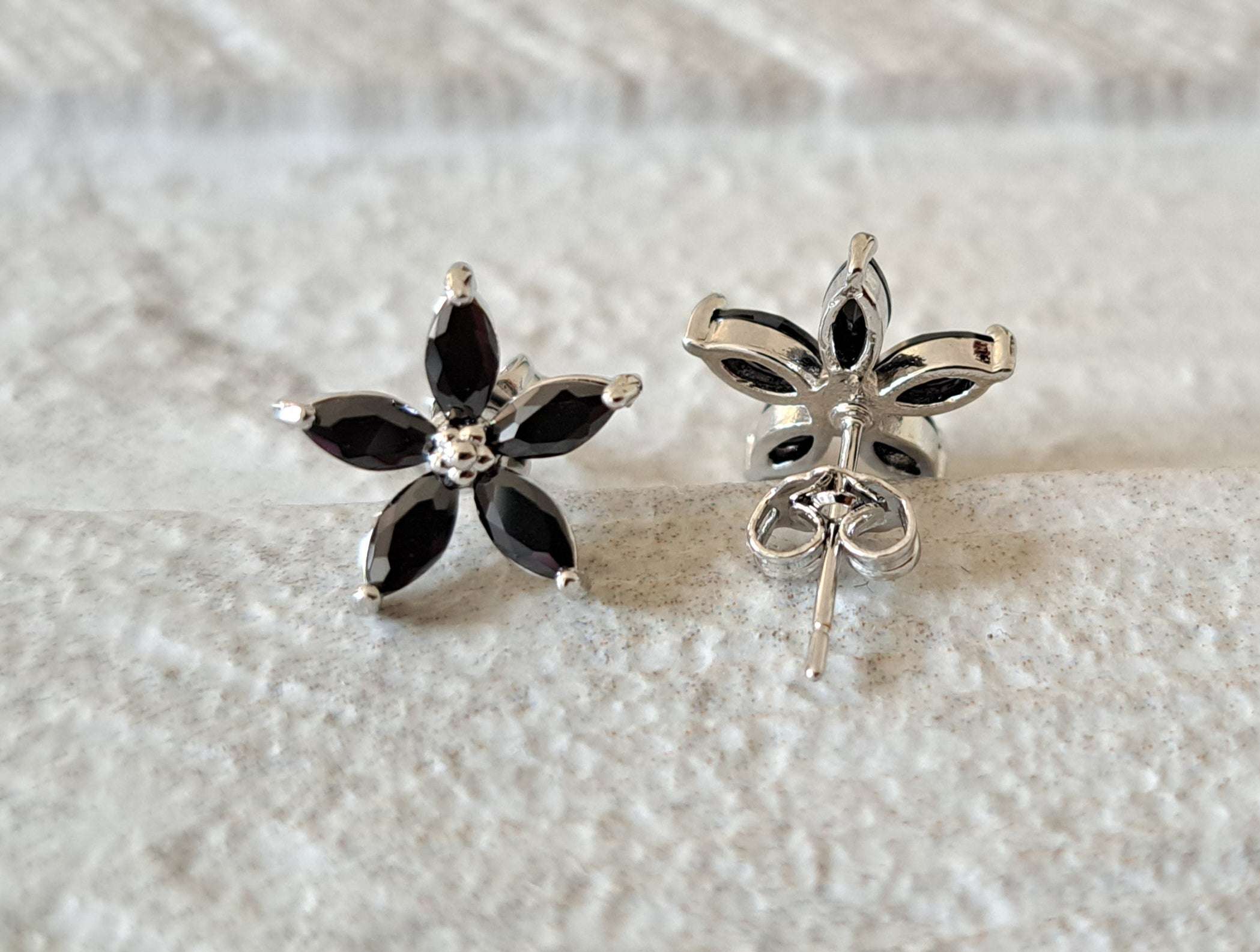 Black Silver Flower Star Swarovski Crystal Earrings