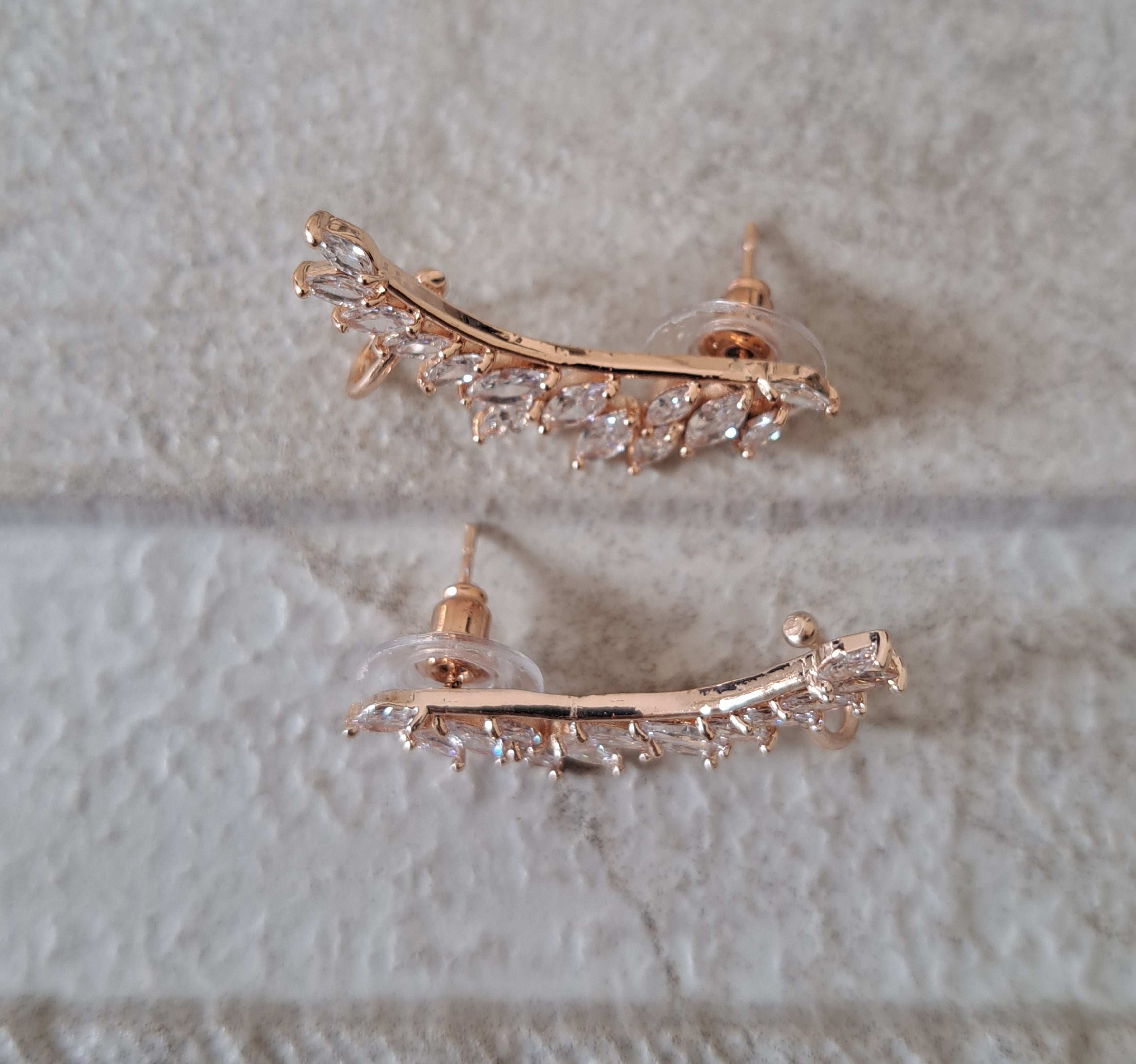 Rose Gold Leaf Swarovski Crystal Wing Climber Earrings