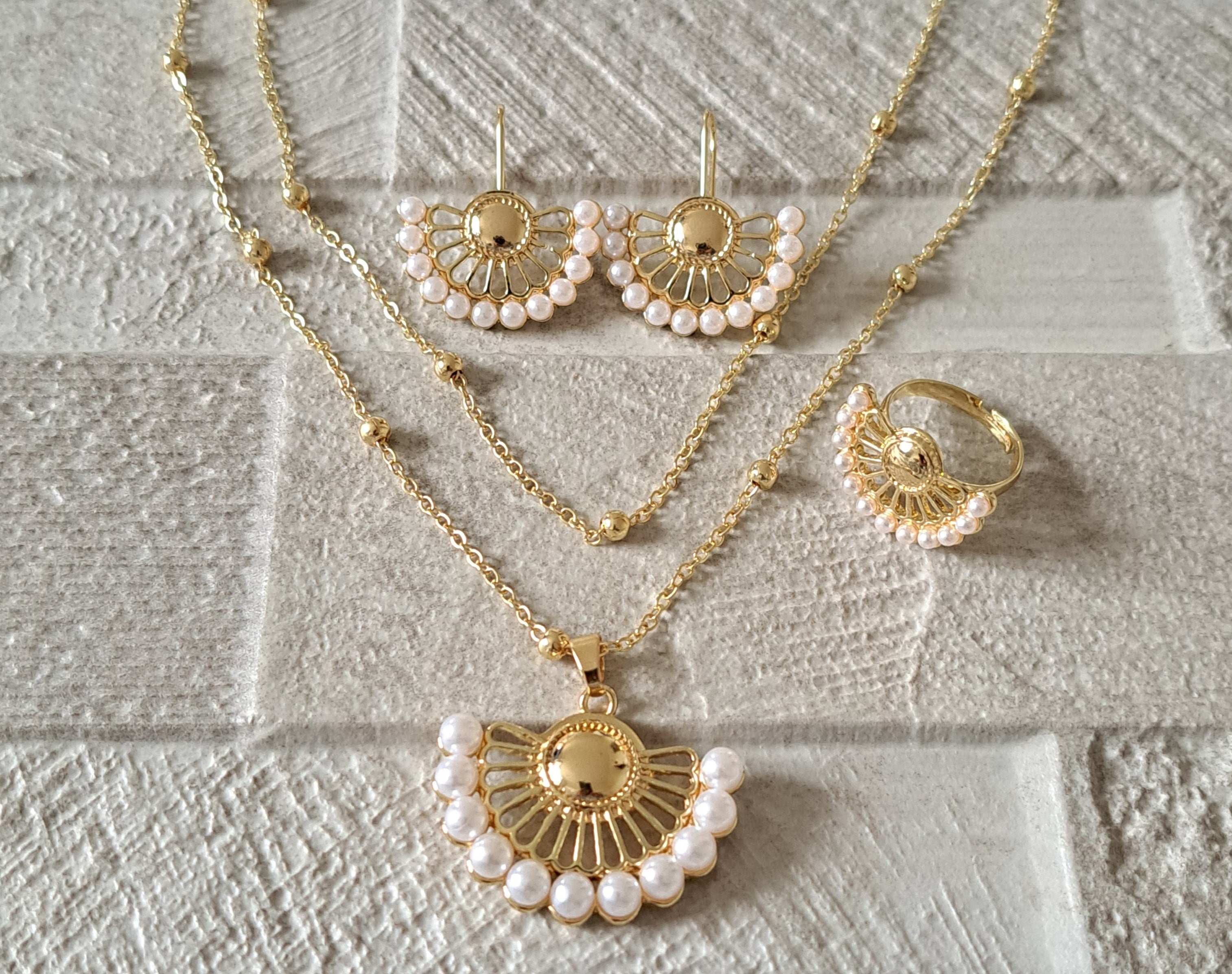 Gold Pearl Choker Necklace Earring Ring Jewellery Set