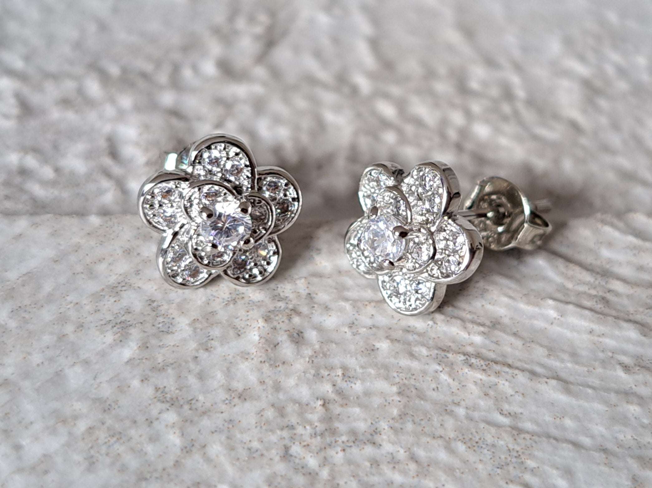 Silver Layered Rose Flower Swarovski Crystal Stud Earrings