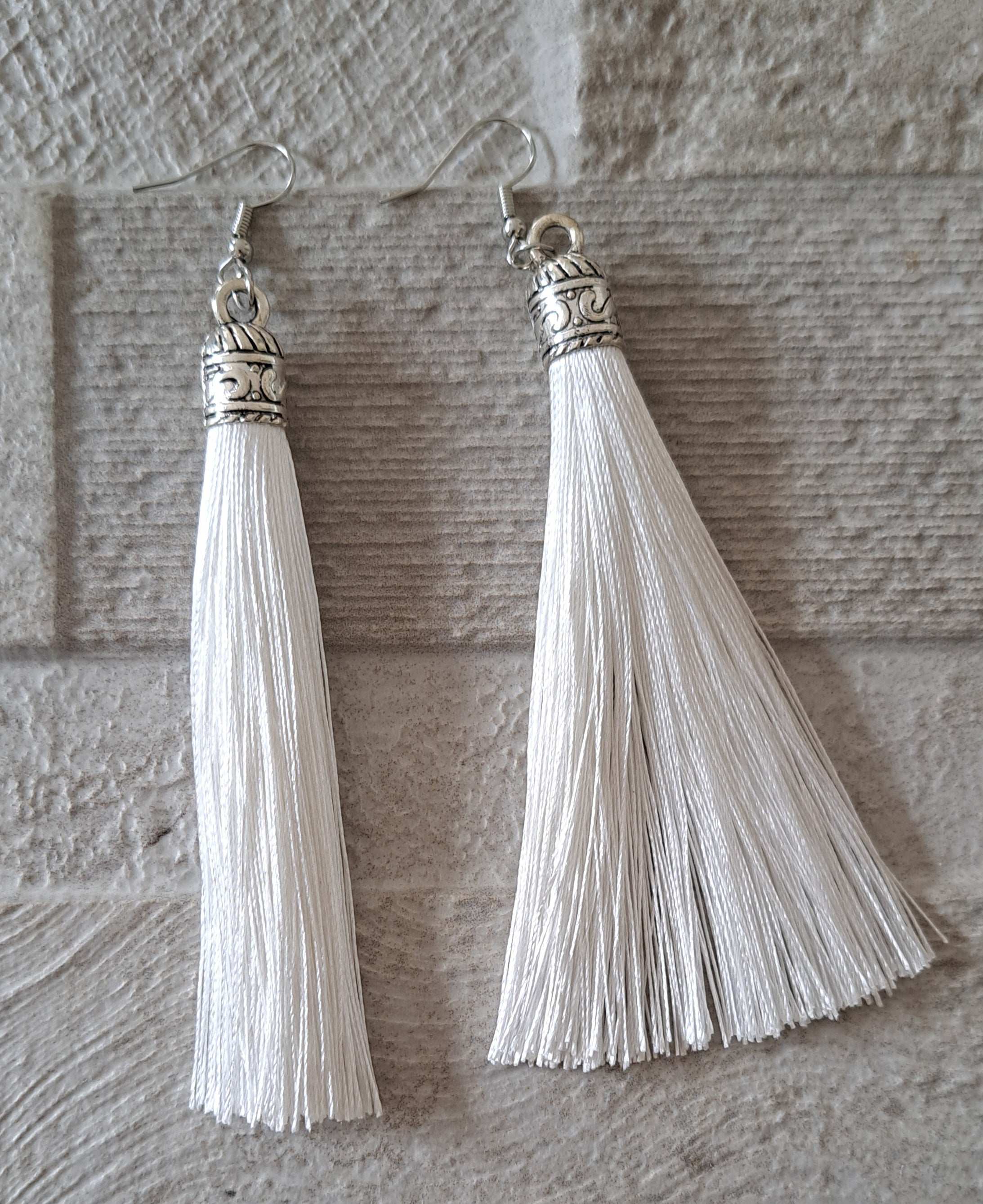 White Silver Silk Tassel Long Drop Earrings