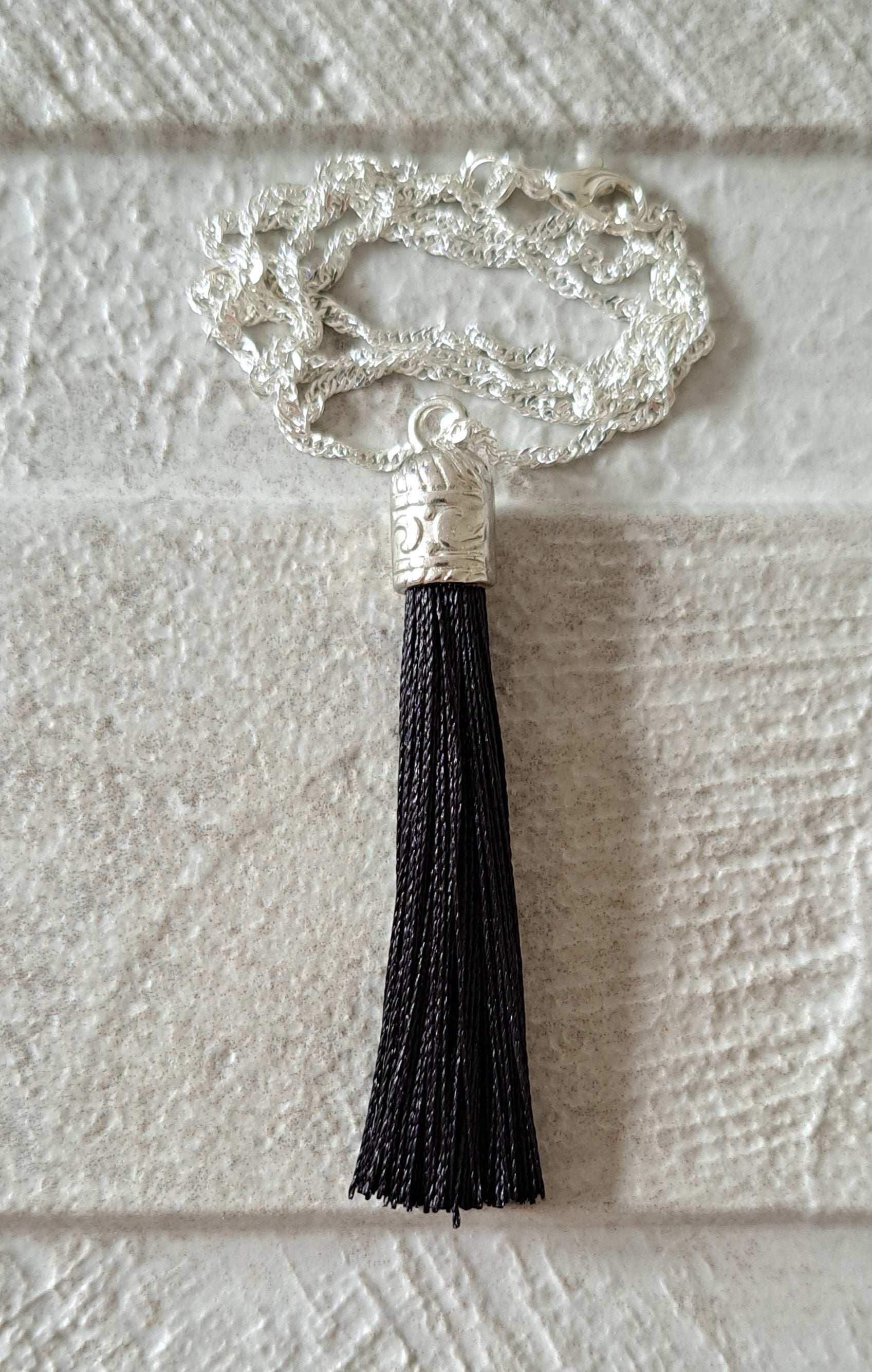 Black Silver Silk Tassel Long Drop Necklace